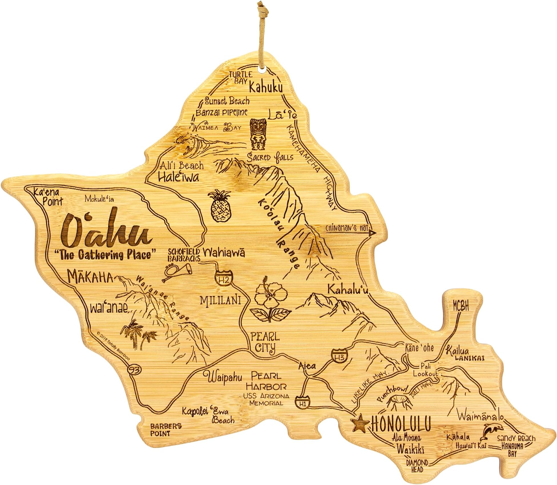 Totally Bamboo Destination Oahu Serving and Cutting Board, Includes Hang Tie for Wall Display | Oahu charcuterie serving board with engraved map artwork. Smooth reverse side for food prep. Hang tie for wall display.