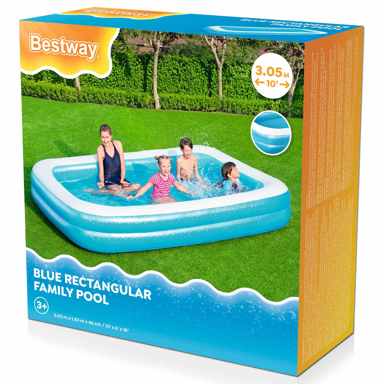 Piscine Gonflable Rectangulaire Bleu 305 x 183 x 46 cm PVC Facile à Installer pour Jardin Extérieur Loisirs Famille