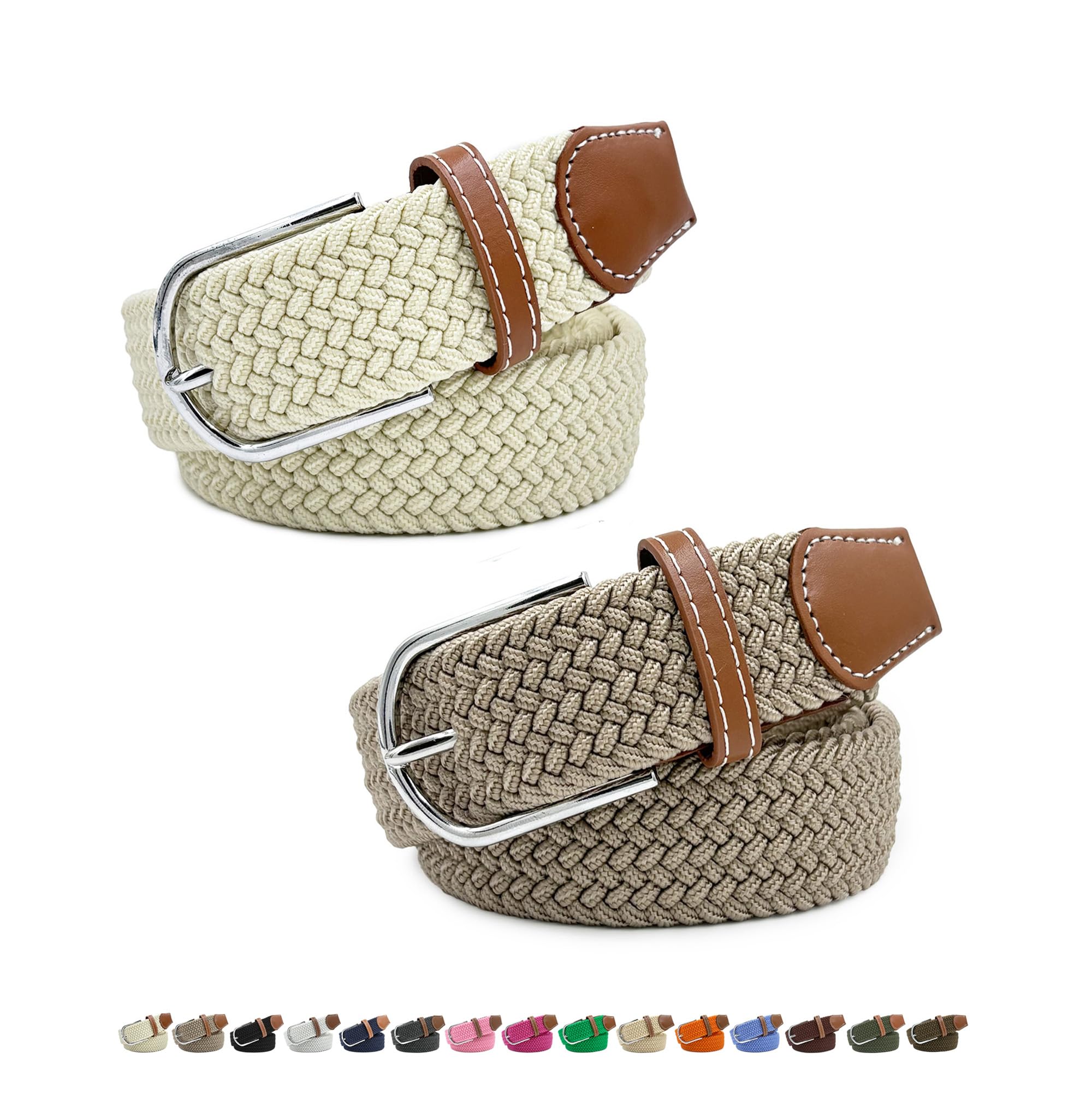 2 Pack No Holes Belts for Women Men Boy Girl Jeans Pants Dress Elastic Stretchy Golf Braided Belt