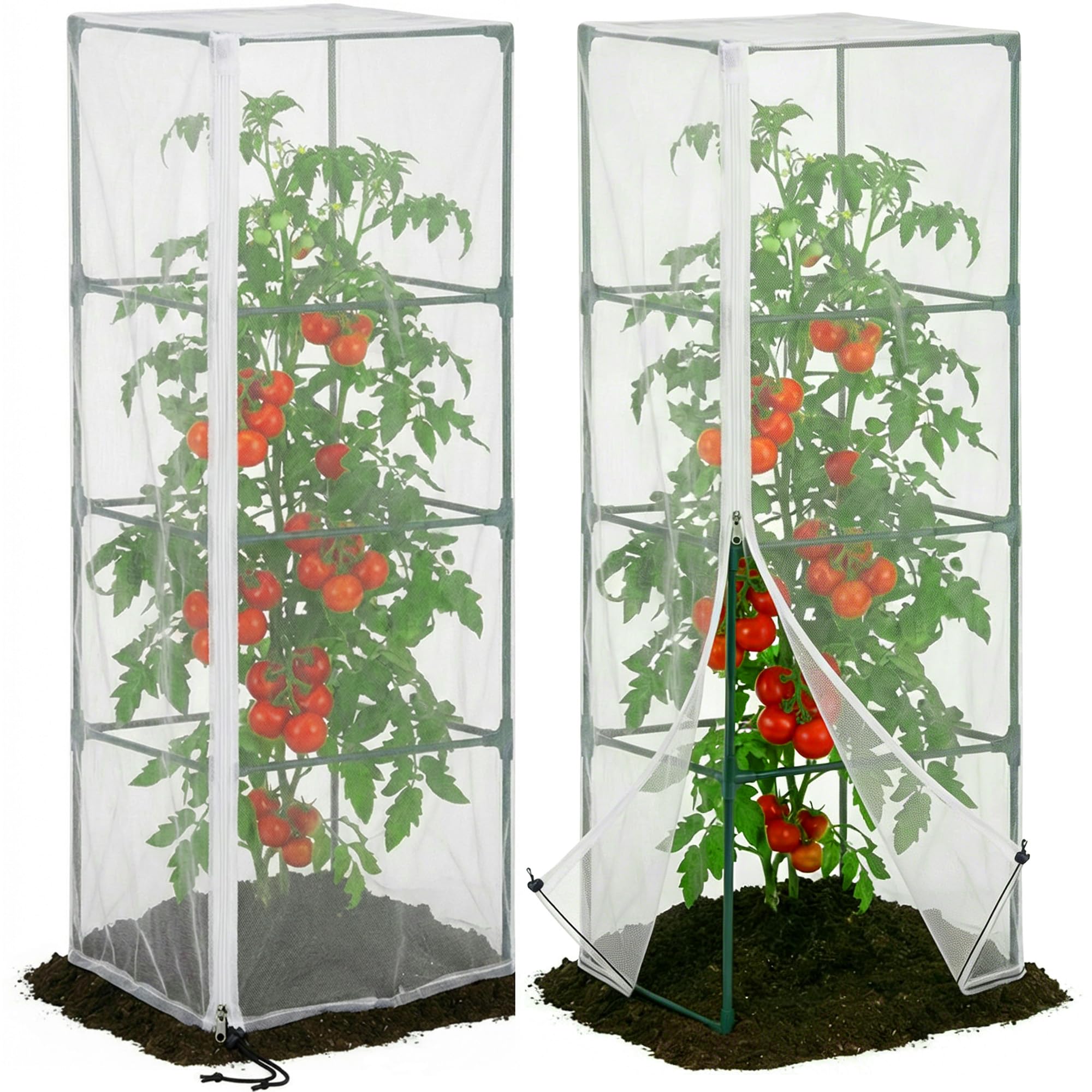 Photo 1 of 2 Pcs Garden Bird Netting for Square Plant Cage, 59" x 18" x 18" Tomato Cage Garden Net Cover with Zipper, Tomato Trellis Insect Bird Barrier Protection Mesh for Vertical Climbing Plants Vegetables
