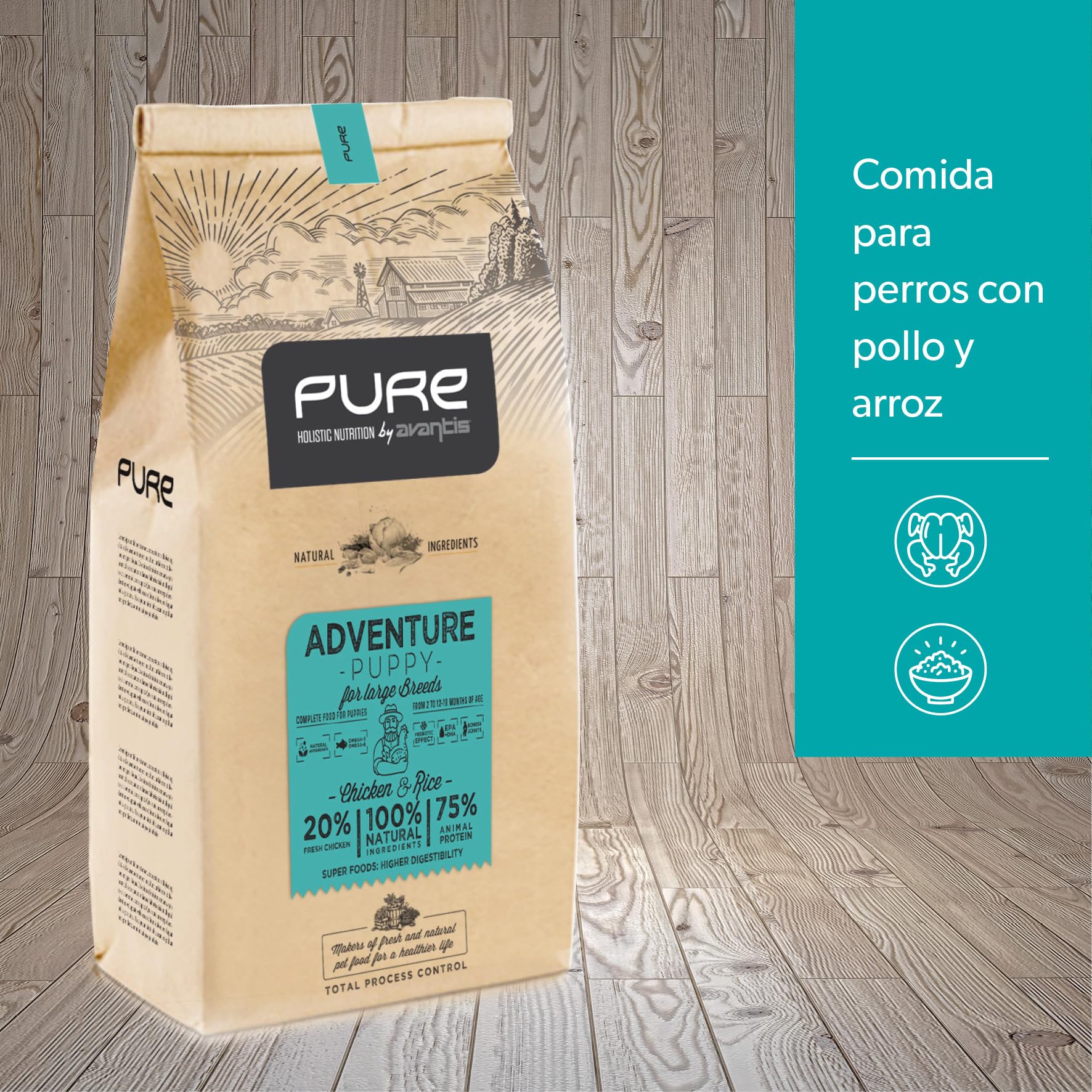 Pure Adventure Puppy Pollo y Arroz 12 kg – Pienso Holístico con Carne Fresca para Cachorros de Razas Grandes – Huesos y Articulaciones