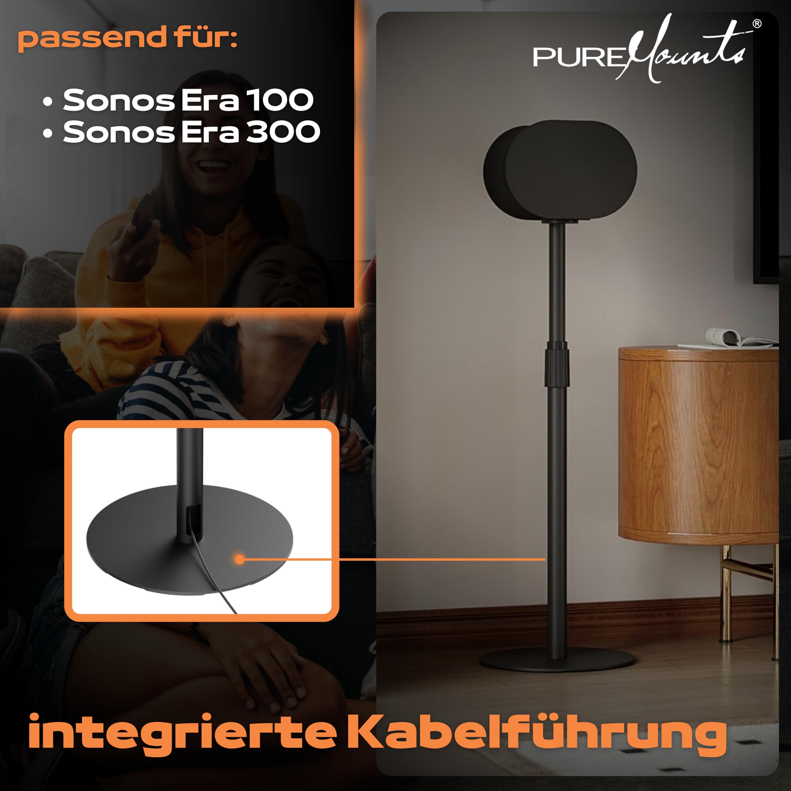 PureMounts Stojak głośnikowy z regulacją wysokości do Sonos Era 100 i 300, czarny