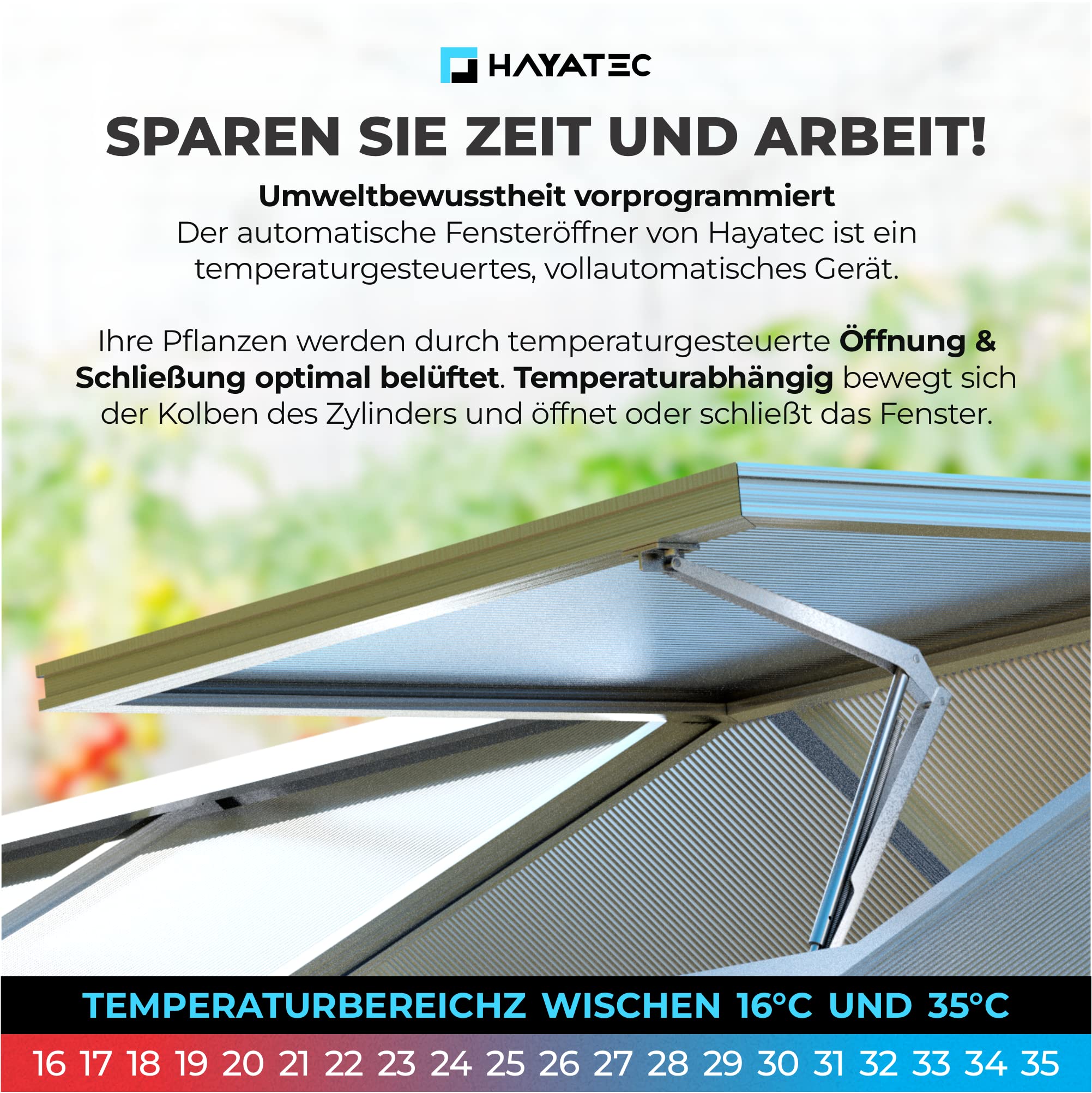 HAYATEC Abridor de ventanas automático para invernadero, fuerza de elevación de 7 kg, altura de elevación de 40 cm, ángulo de apertura de ventana, control de temperatura