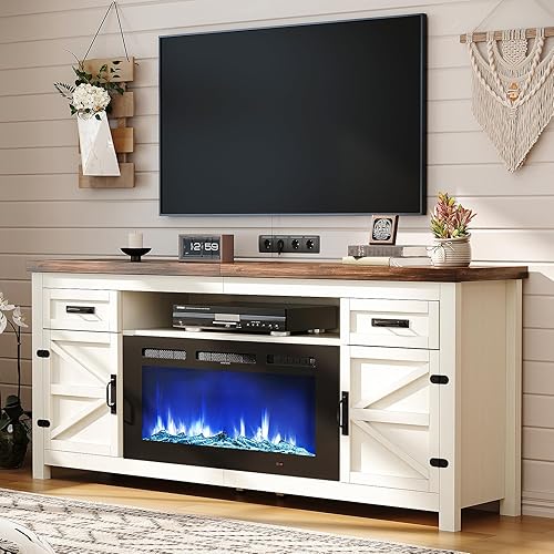 Fireplace TV Stand with Barn Door for TVs up to 80", Farmhouse 70" Fireplace Entertainment Center with Storage Cabinets, White TV Stand and Black Fireplace