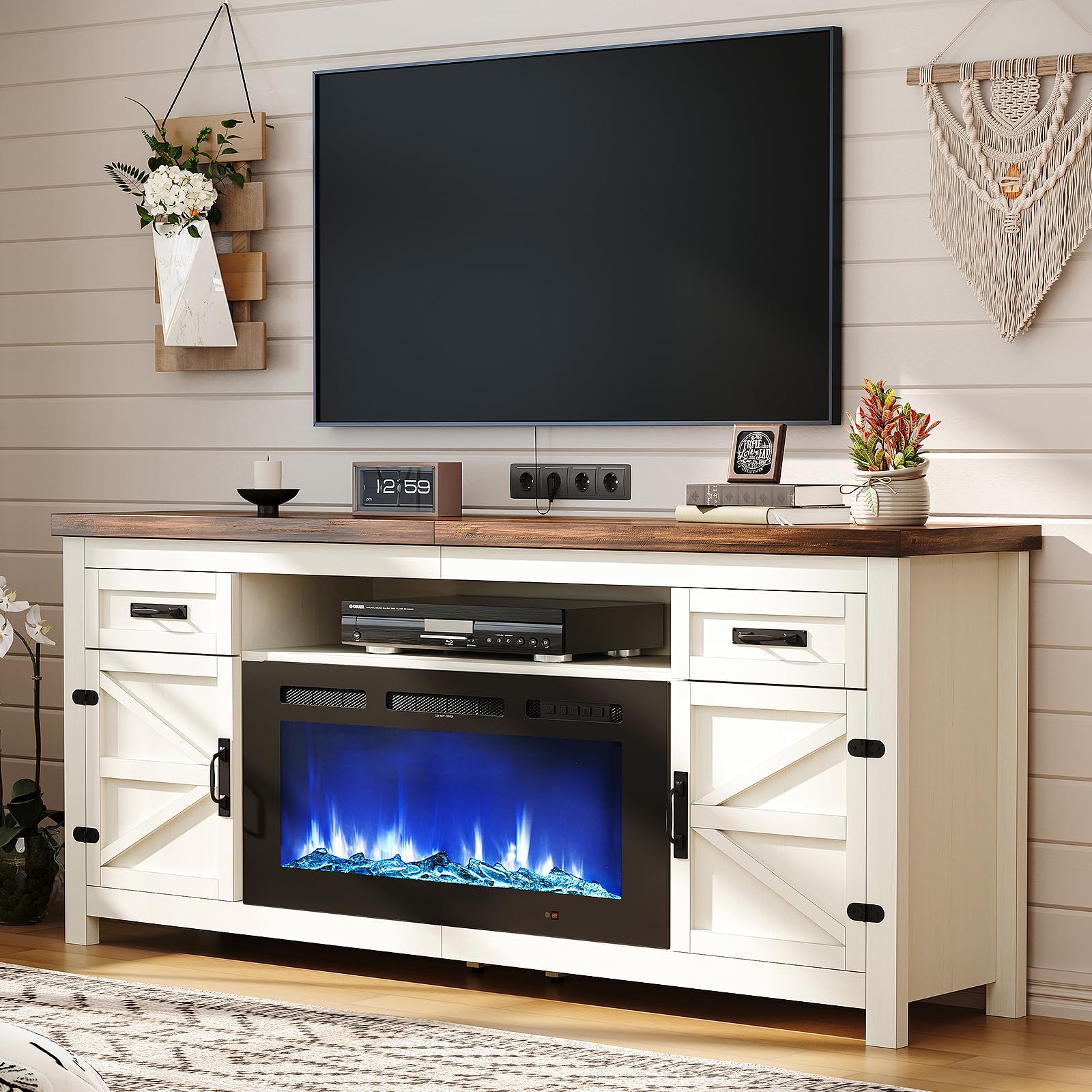 Fireplace TV Stand with Barn Door for TVs up to 80", Farmhouse 70" Fireplace Entertainment Center with Storage Cabinets, White TV Stand (ONLY STAND TV) 