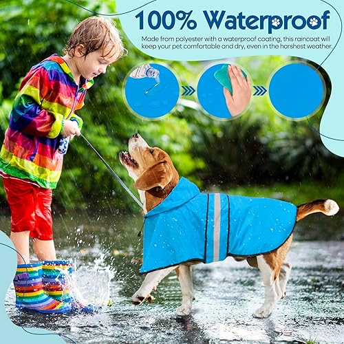 Vista 38 de Weesiber Impermeable para perro, impermeable reflectante para perro, con capucha, impermeable, ajustable, ligera, poncho para perros pequeños, Azul