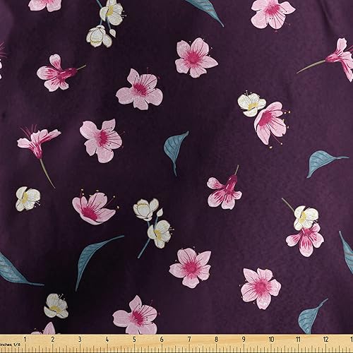 Ambesonne Cherry Blossom Fabric by The Yard, Spring Night Sakura Yozakura Pattern on Nocturnal Background, Decorative Satin Fabric for Home Textiles