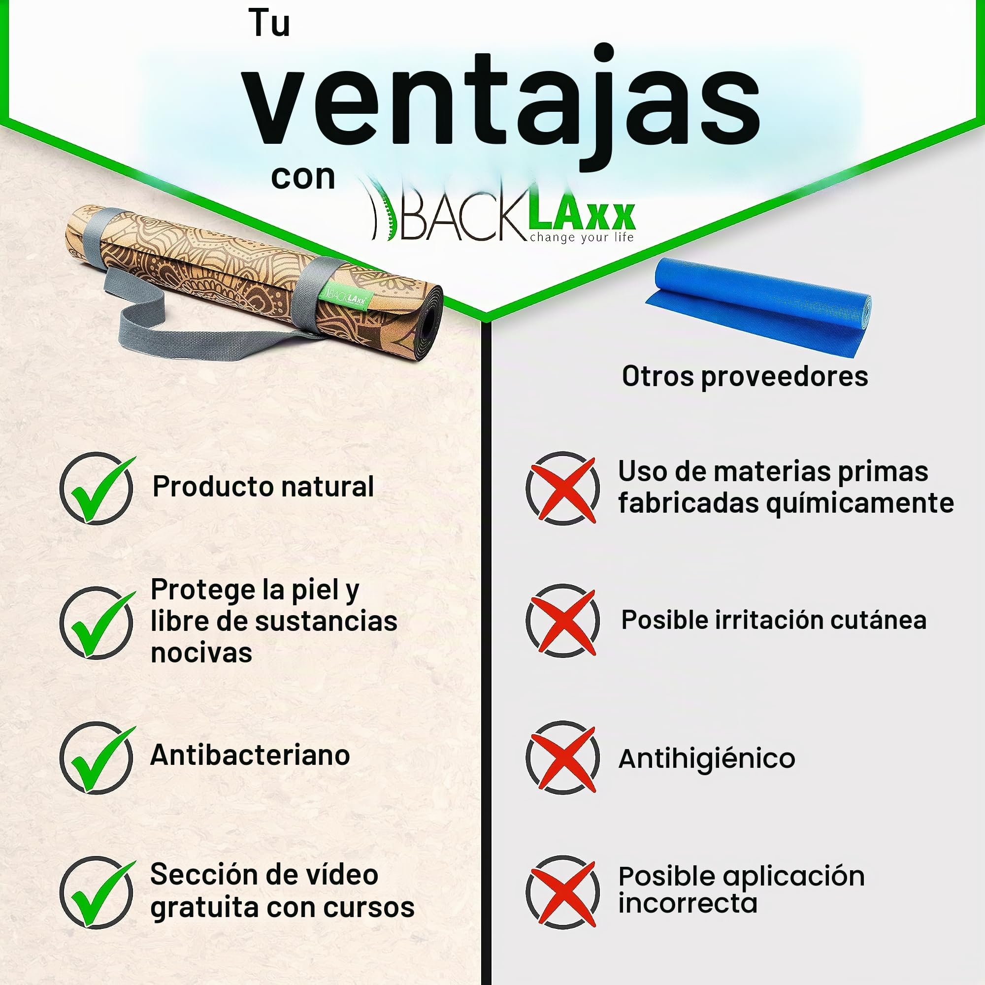 BACKLAxx ® Esterilla yoga de corcho con caucho natural – Esterilla yoga antideslizante libre de contaminantes con zonas antideslizantes – incl. correa de estera y videos de aplicación – Yoga mat