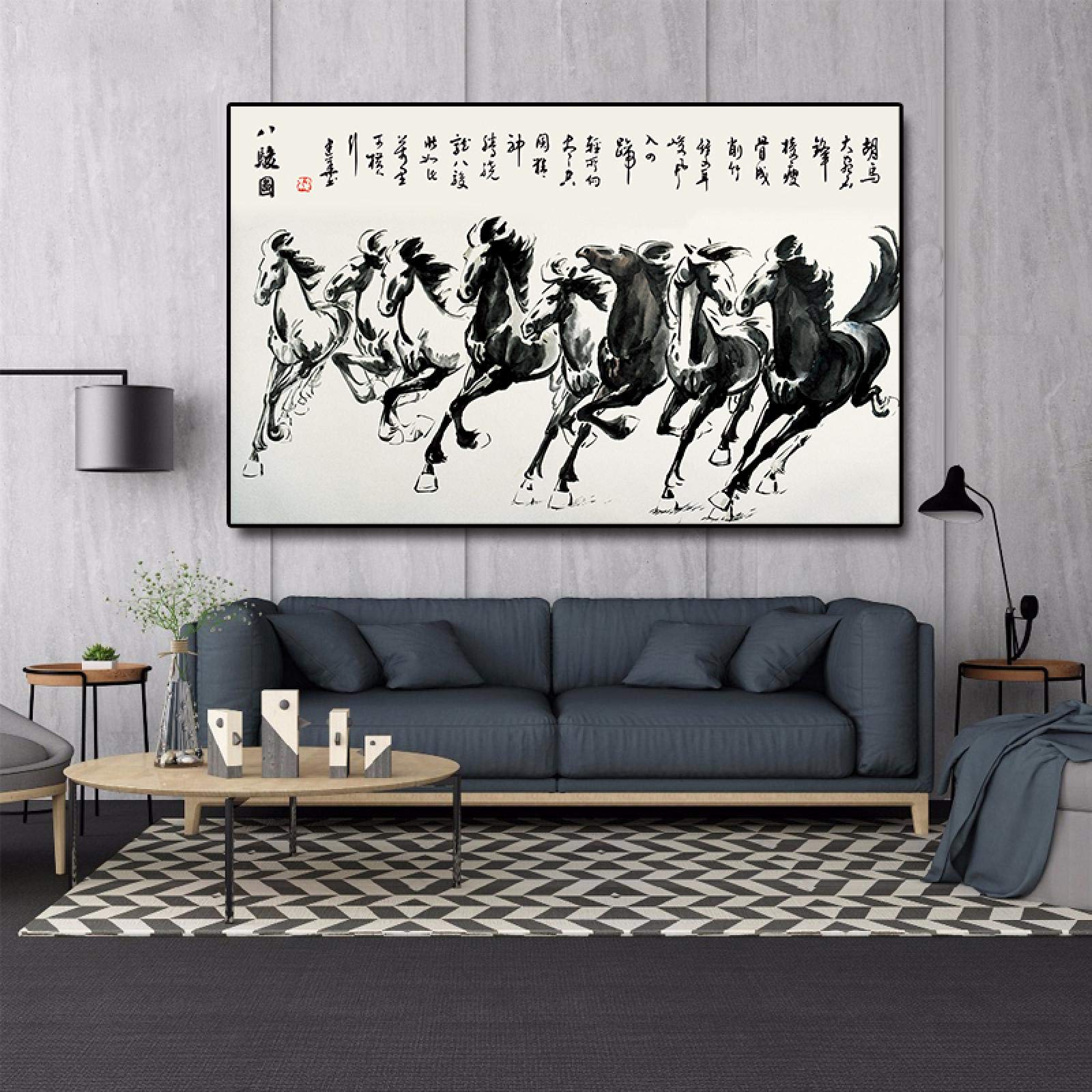 Amazon.co.jp: 中国の8頭の馬の絵画がキャンバスに印刷レトロな動物の