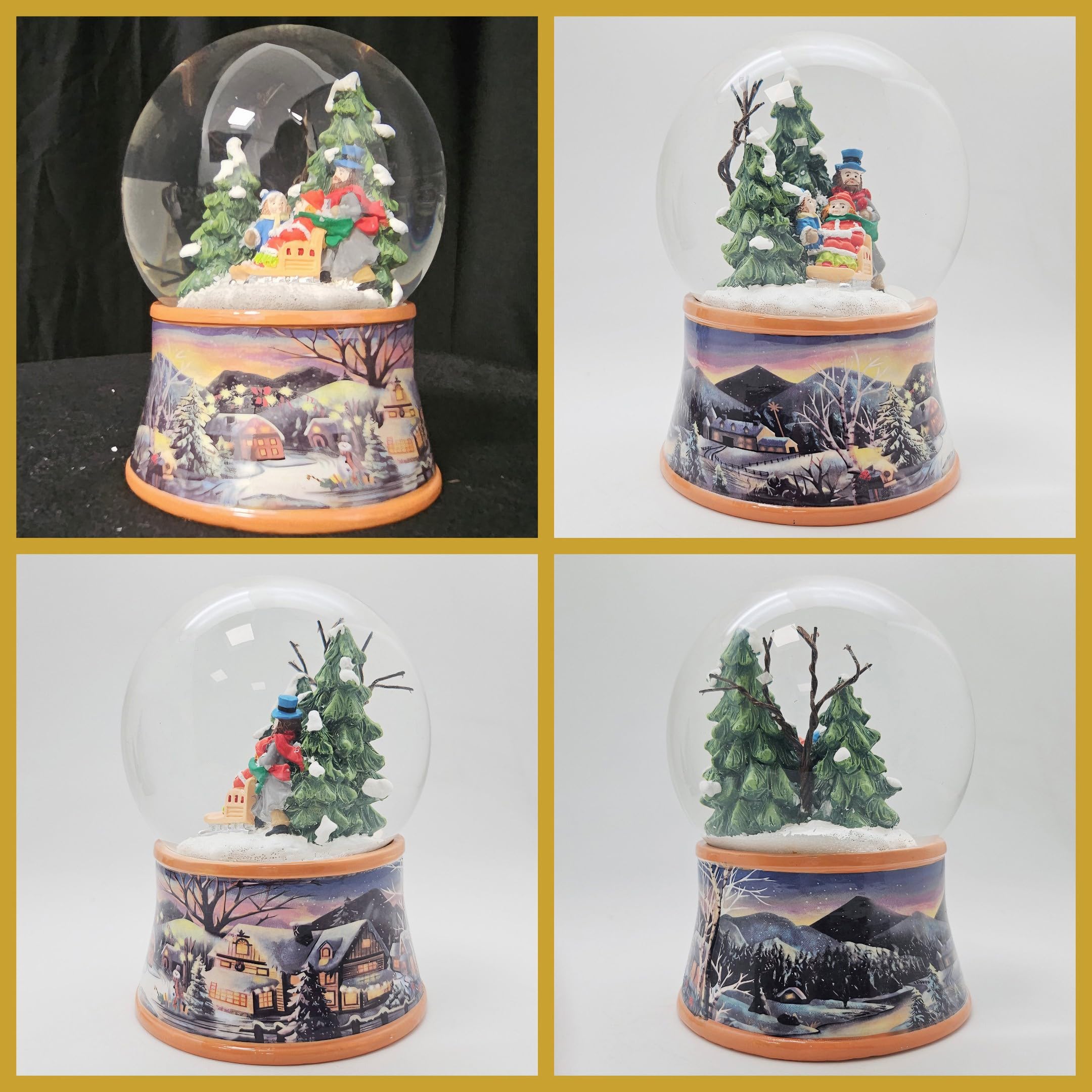 Boule à neige de Noël avec musique - Promenade d'hiver en famille et traîneau - Socle paysage d'hiver ocre - Hauteur : 14 cm - Largeur : 10 cm - Boule à secouer Noël et hiver avec boîte à musique
