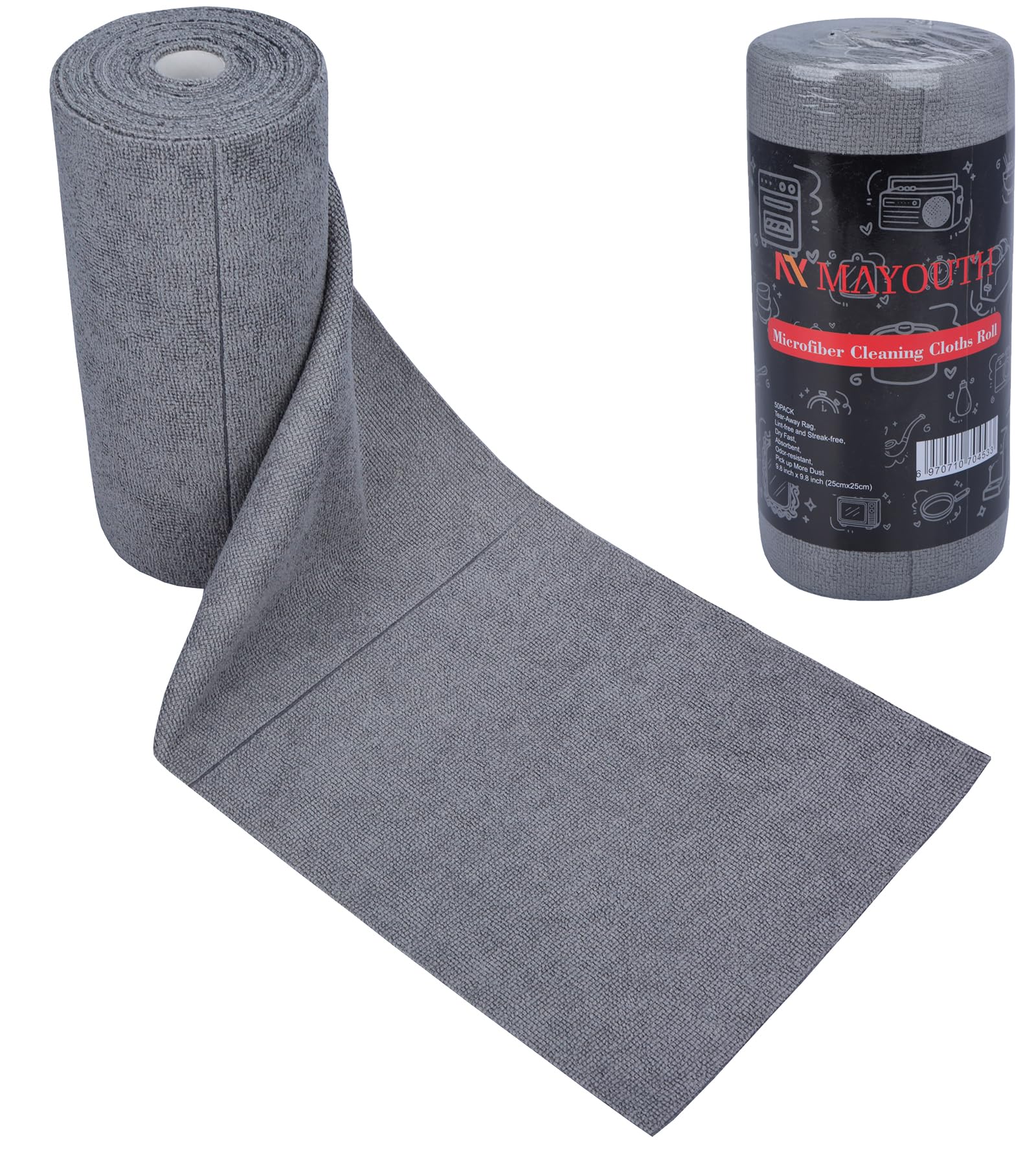 Mayouth Dark Grey Microfibre Cleaning Cloths Roll 50-Pack Reusable Paper Towels For Car Wash Supplies Ultra Absorbent Kitchen Dish Rags House Window Cleaning Cloths Lint Free Tear Away (Dark Gray)