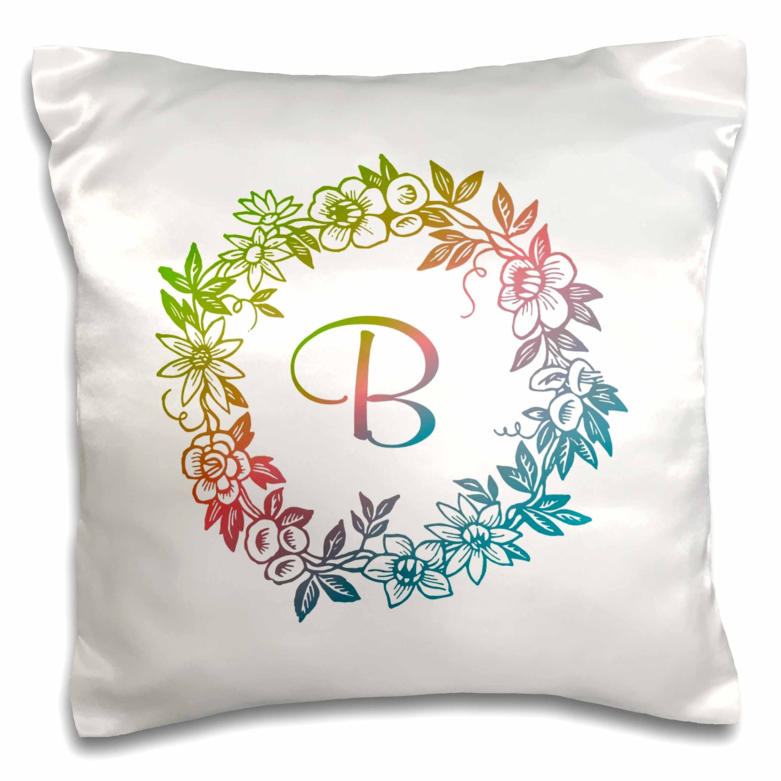 3dRose Russ Billington Monograms Initial B-Circular Flower Motif in Softly Blended Green Pink and Blue (pc-298476-1) Pillow Case, White