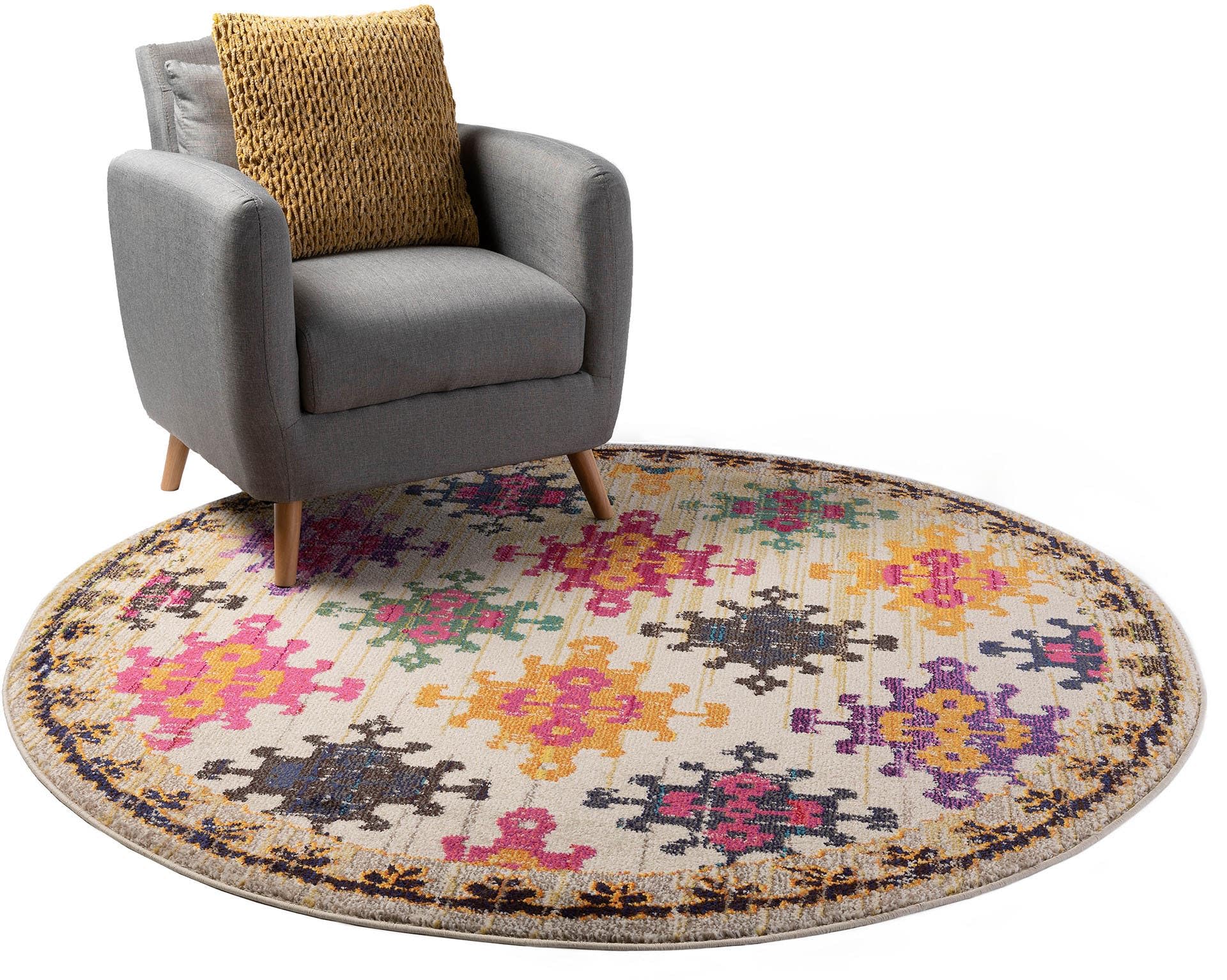 benuta Alfombra Vintage CASA Multicolor/Beige, diámetro de 120 cm, Redonda, para salón, Dormitorio y Pasillo, fácil de Limpiar, Apta para calefacción por Suelo Radiante