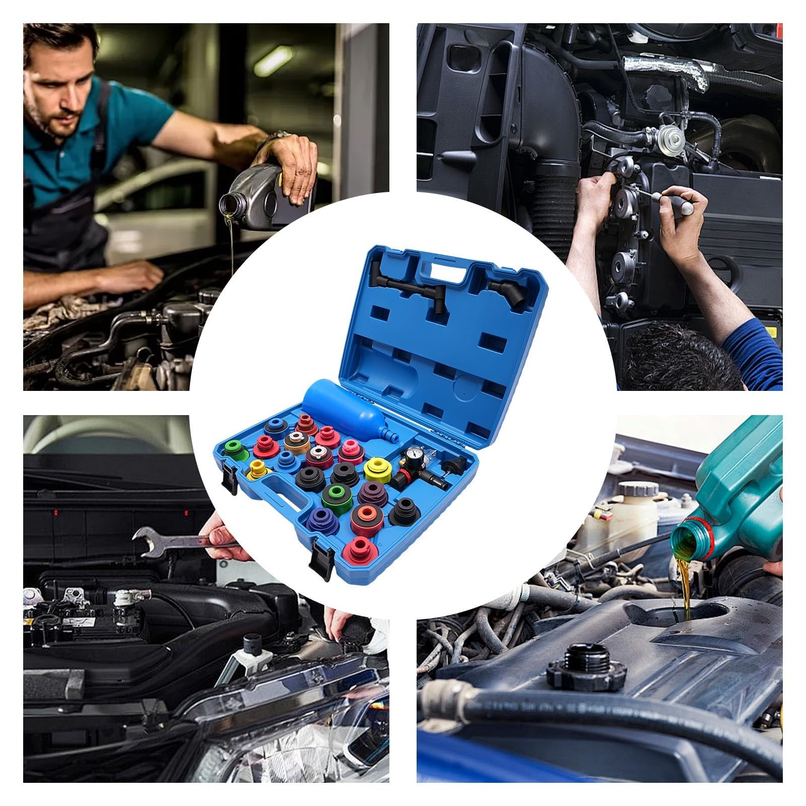Kit di ricarica per olio motore, 24 pezzi, con unità ad aria compressa, 19 tappi di chiusura, imbuto 2 litri, kit per cambio dell'olio, per Audi BMW, Mercedes, officina, manutenzione auto, riparazione