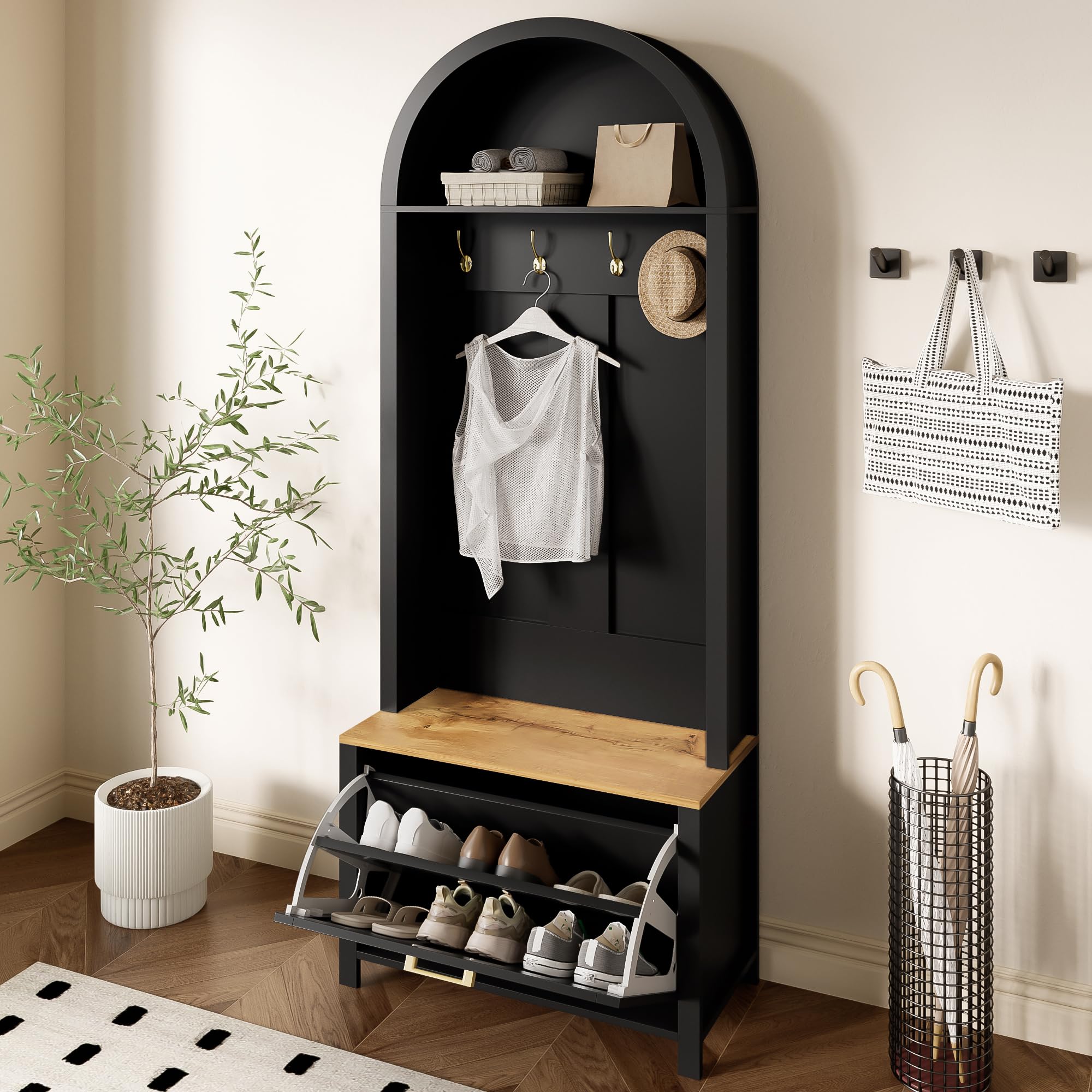 Merax Set di appendiabiti per corridoio, guardaroba compatto, multifunzionale, con scarpiera, ripiano e gancio, per ingresso, nero, 75 x 35 x 195 cm