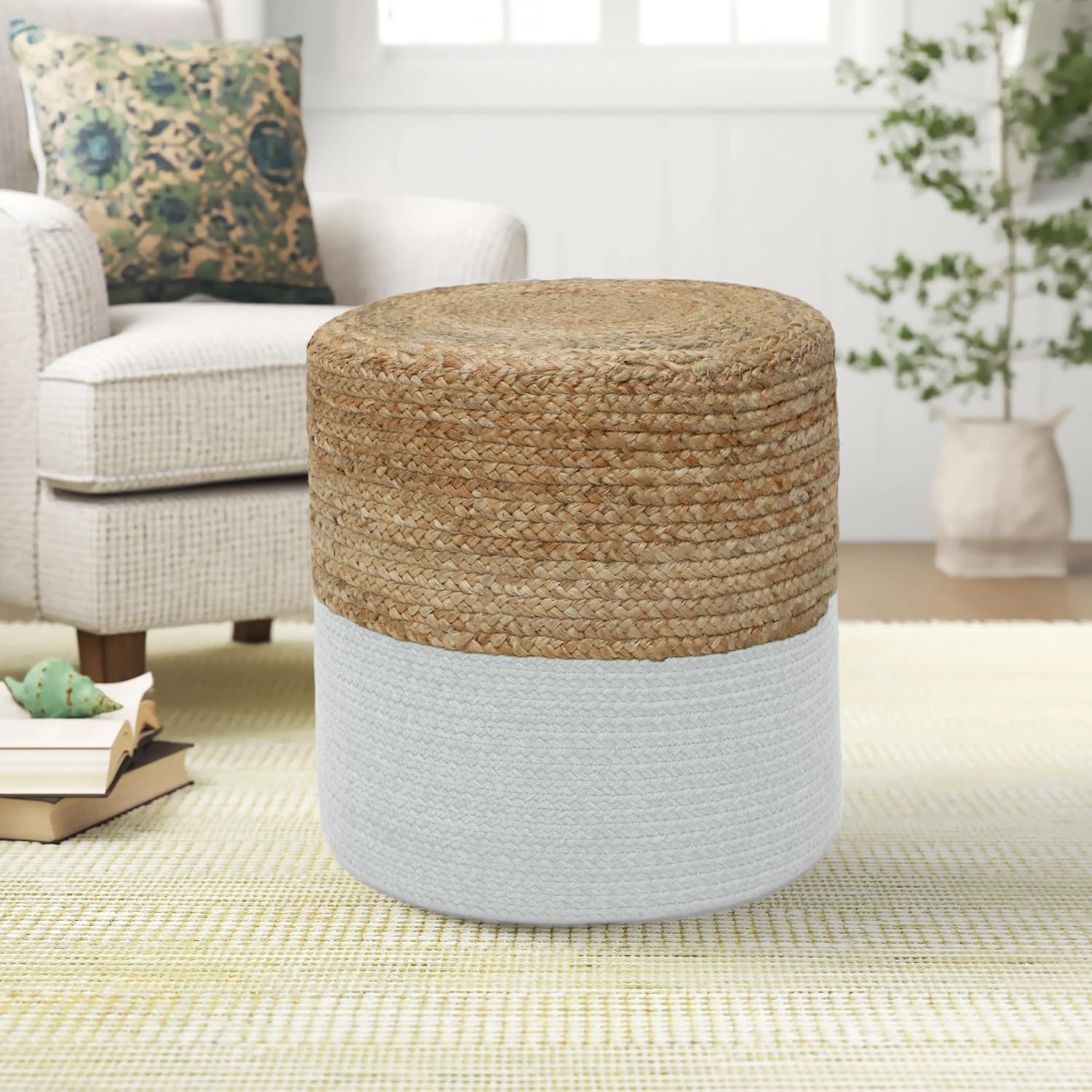 The Home Talk Pouf Ottoman Boho Hand Braided Cord Footrest - 100% Jute Pouffe, Bean Bag, Floor Chair, Perfect for Living Room, Bedroom, Home Décor, 18"x18"x16" - Natural Ivory