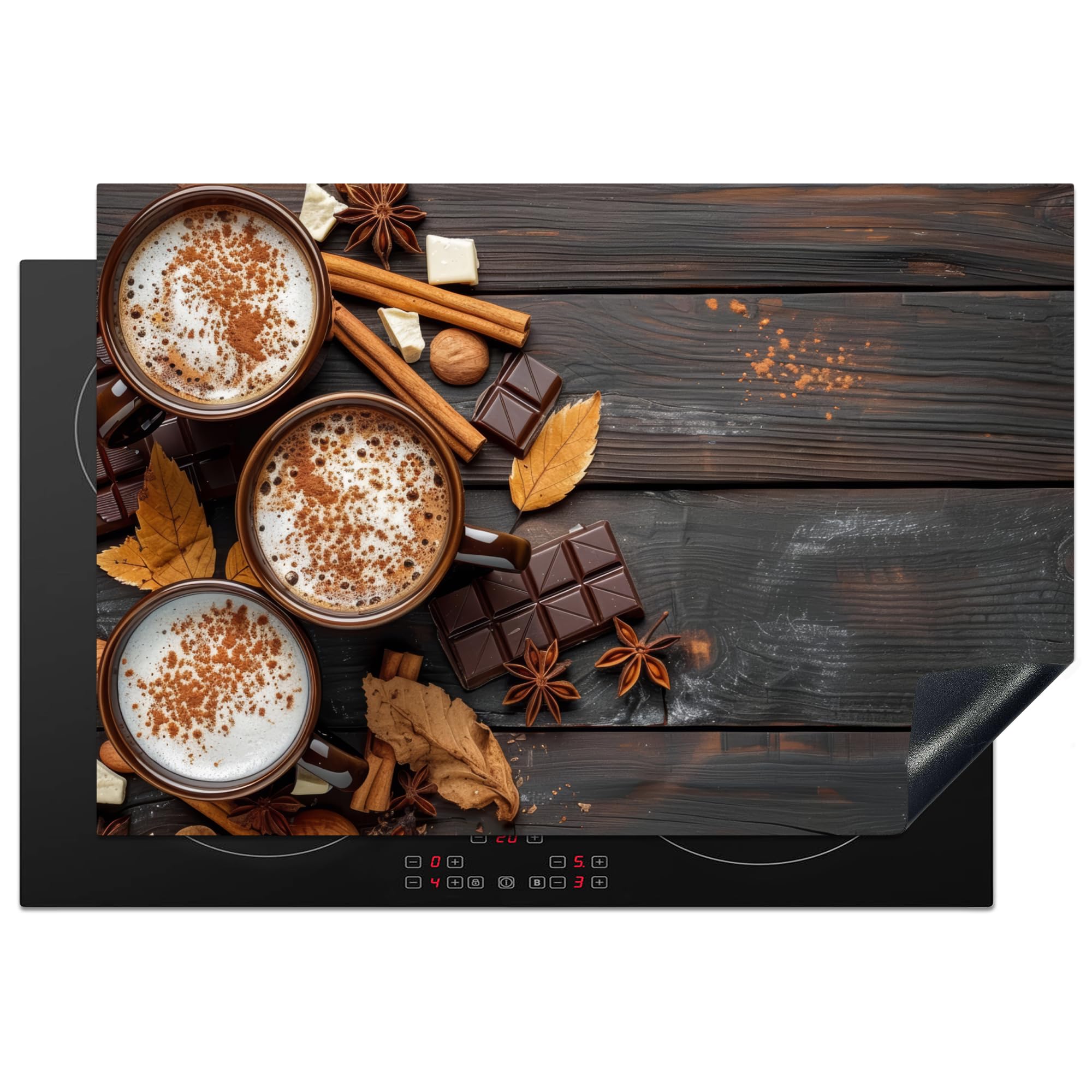 KitchenYeah© Induction Hob Cover Protector Mat 20.1"x30.3" / 77x51 cm Kitchen Universal Ceramic Covers for Electric Cookers Vinyl Chocolate - Autumn - Leaves - Wood Print - Still Life