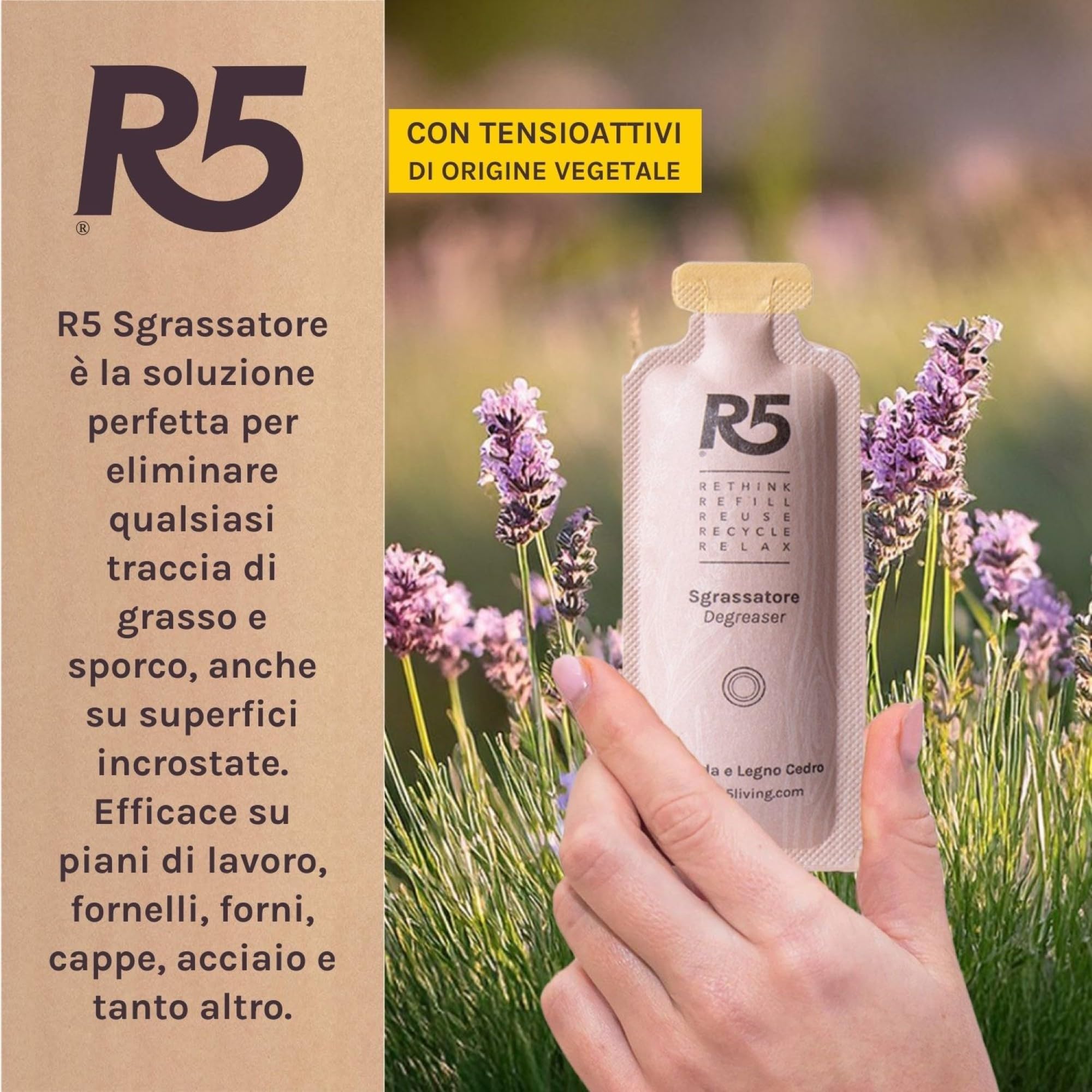 R5, Multipack 12 Refill Sgrassatore, Elimina Grasso e Sporco dalle Superfici Incrostate, Profumo di Lavanda e Legno Cedro, Soluzione Eco-Formato, Vegan, Cruelty Free, Made in Italy
