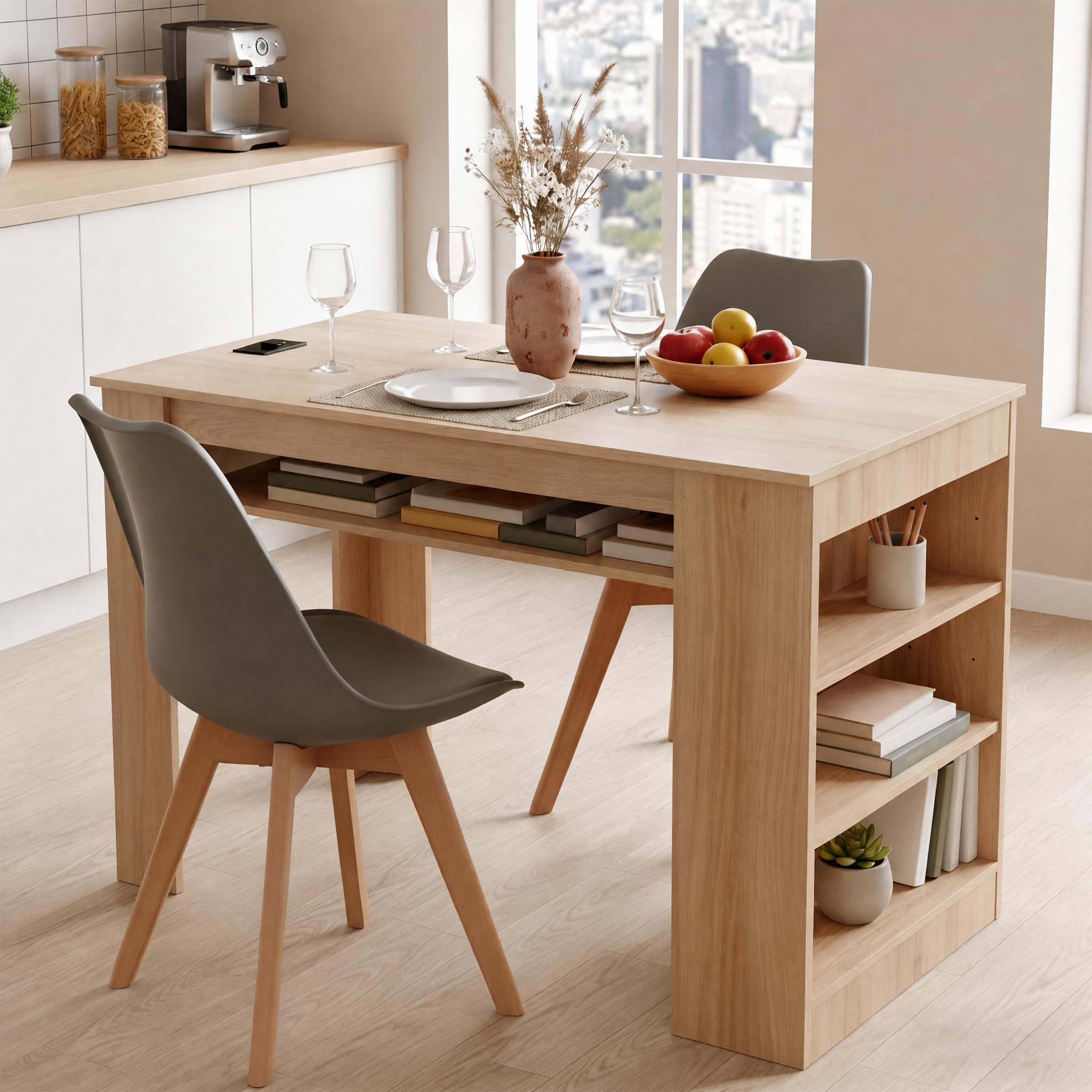 EGGREE Esstisch mit 2 Stühlen Essgruppe, Bartisch Set, Schreibtisch mit AC-Steckdosen und USB-Anschlüssen, 111cm Küchentisch mit 4 Ablagen für Wohnzimmer, Küche(Eichentisch+2 Grau Stühle)