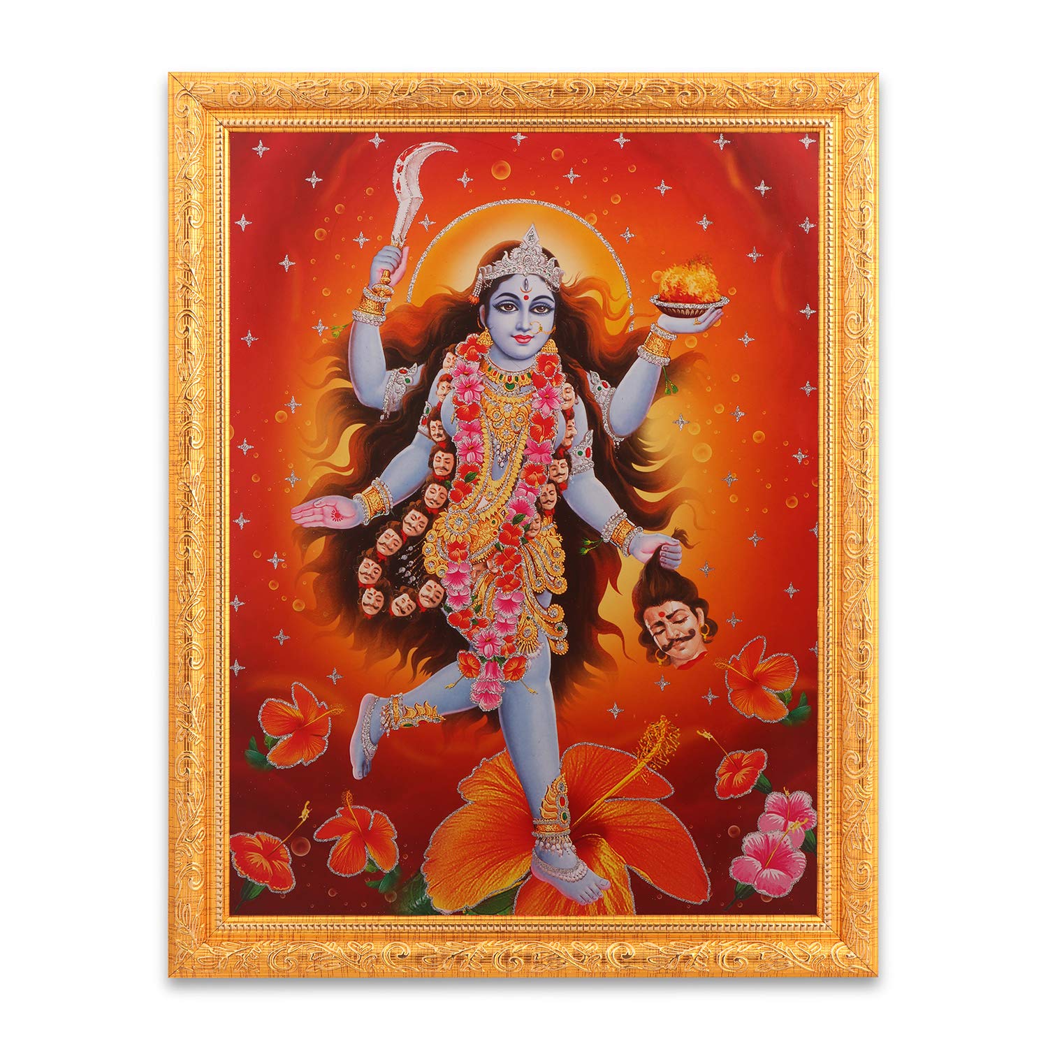Cadre Maa Kali argenté de 35,6x45,7 cm avec broderie dorée Zari pour décoration murale de maison
