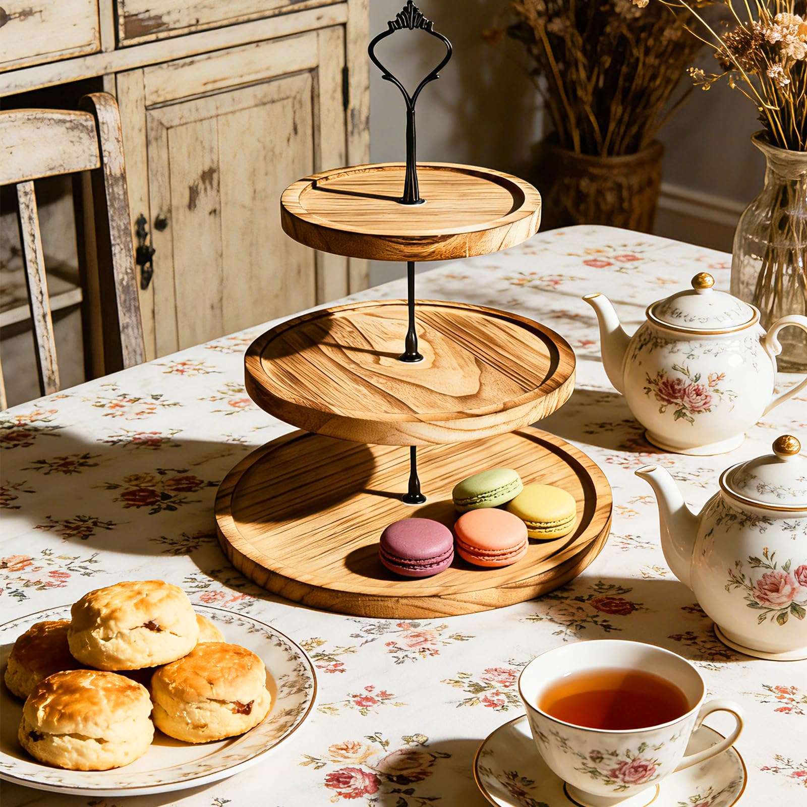 Supporto per torte a 3 ripiani, in legno, con manico in metallo, supporto per cupcakes e decorazioni da tavolo