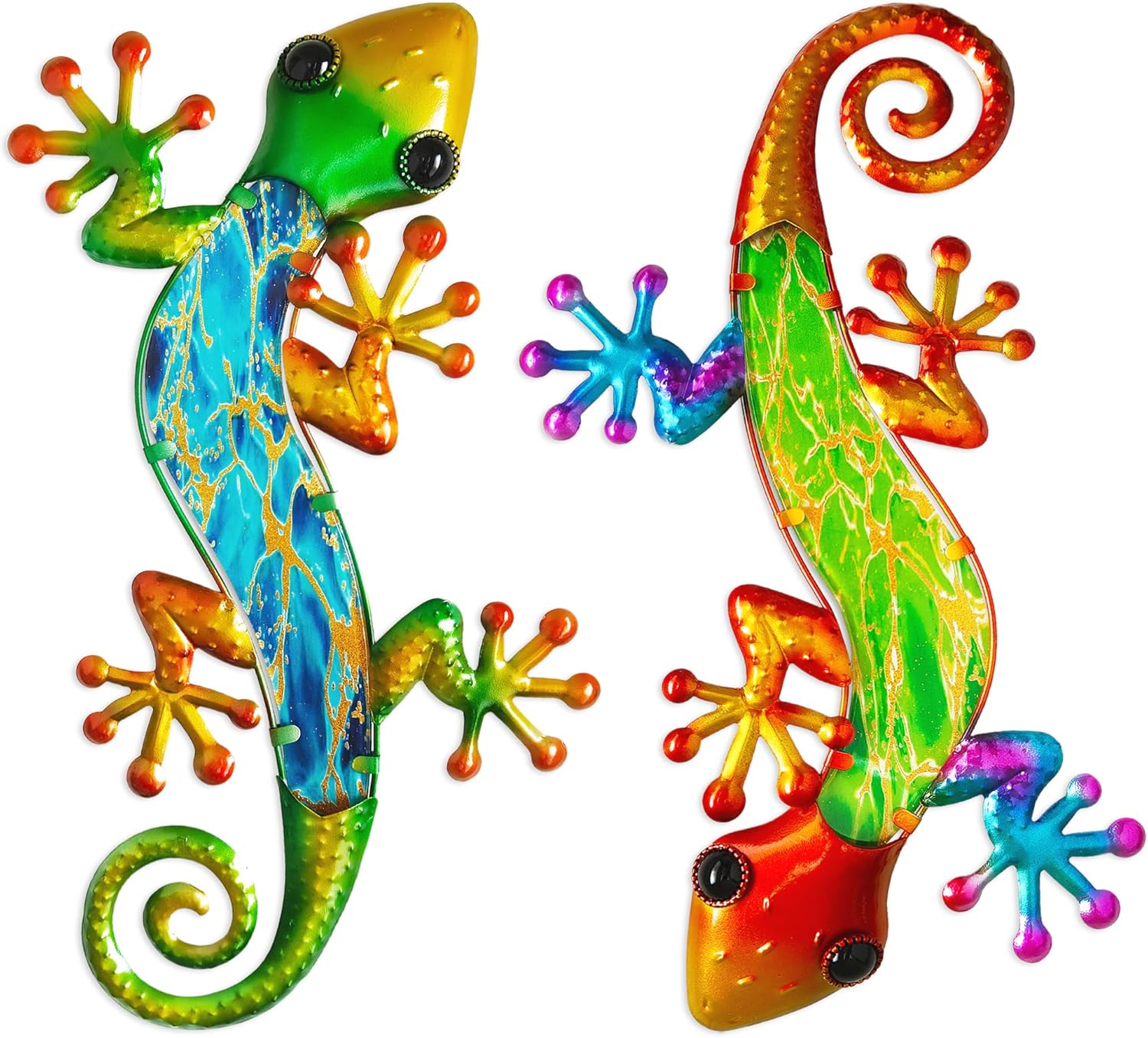 POXOHO Metal Lizard Wall Art Decor - 15 Inch Gecko Outdoor Decor Hanging Glass Sculpture Decoration for Patio Garden Fence(2 Pack)
