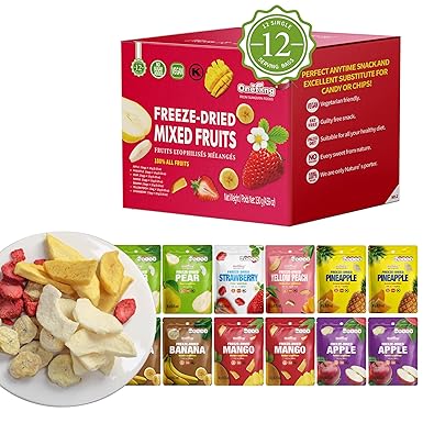 ONETANG Freeze-Dried Mixed Fruit, 12 Pack Single-Serve Pack, Non GMO, Kosher, No Add Sugar, Gluten free, Vegan, Holiday Gifts, Healthy Snack 0.35 Oz