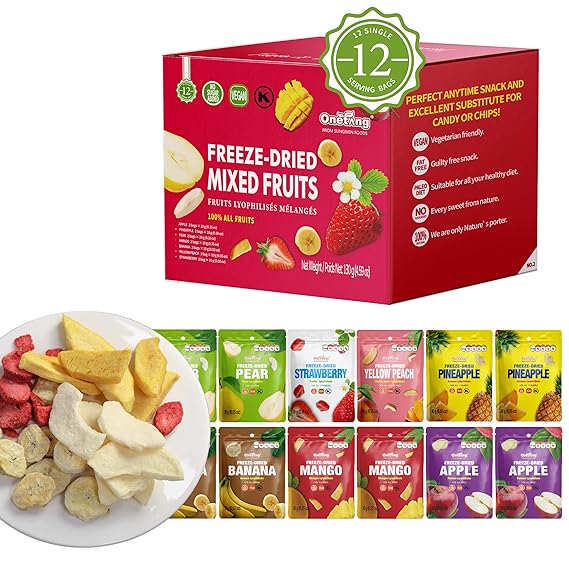 ONETANG Freeze-Dried Mixed Fruit, 12 Pack Single-Serve Pack, Non GMO, Kosher, No Add Sugar, Gluten free, Vegan, Holiday Gifts, Healthy Snack 0.35 Oz