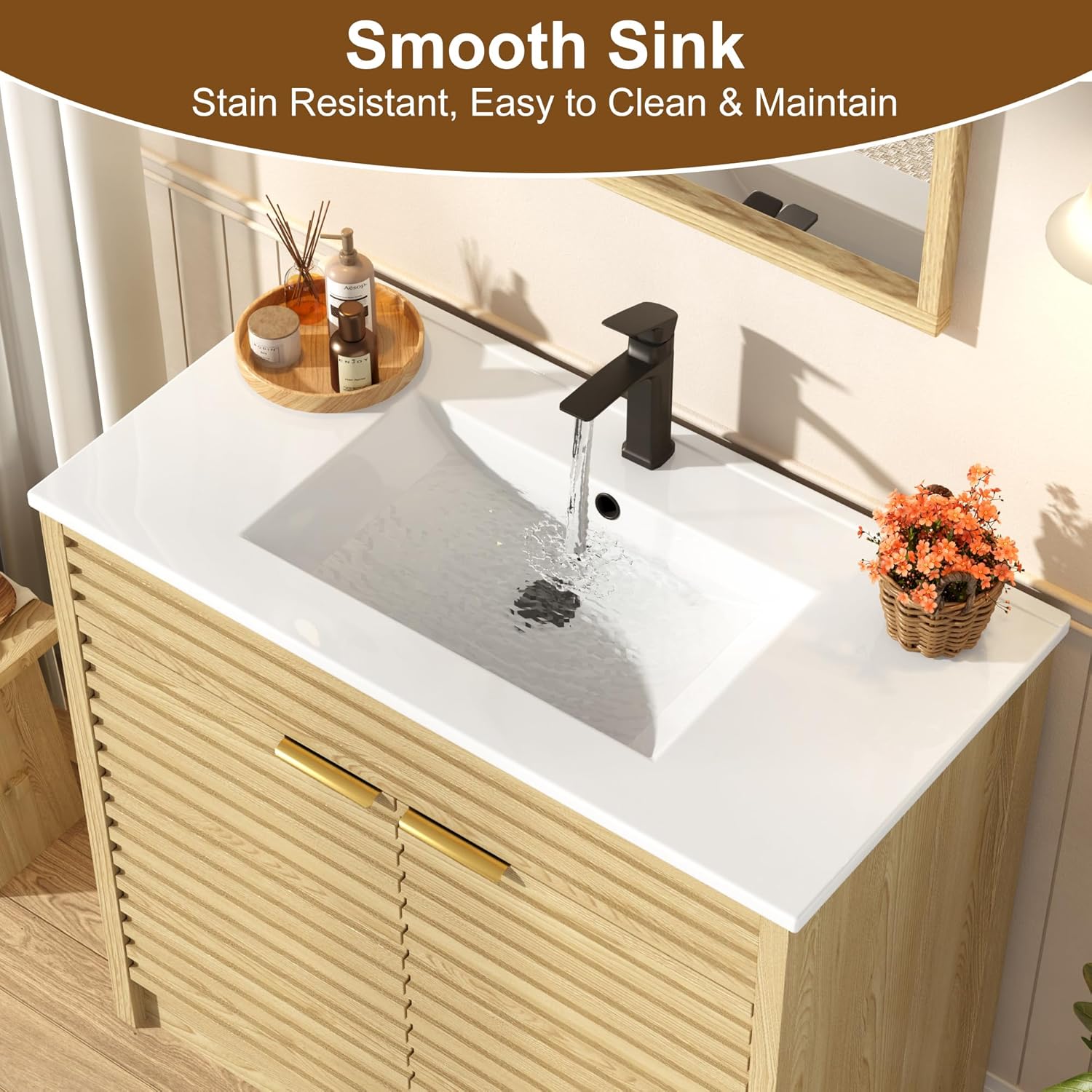 Squireewo 36 Inch Bathroom Vanity with Sink, Mid-Century Modern Bathroom Vanity with Storage Cabinet, Freestanding Bathroom Cabinet with Door Shelves and Faucet, Light Oak