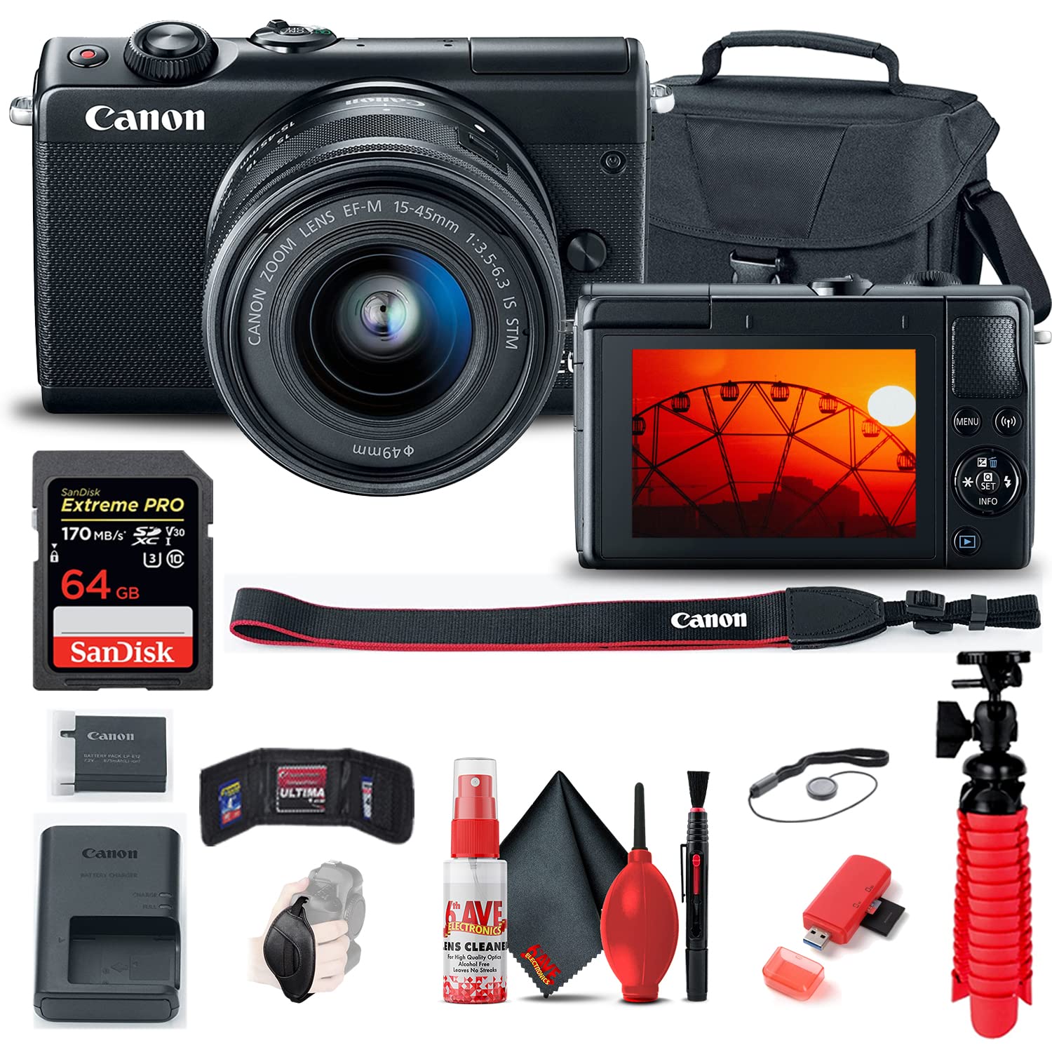 Canon EOS M100 Mirrorless Digital Camera with 15-45mm Lens (Black) (2209C011) + 64GB Card + Case + C