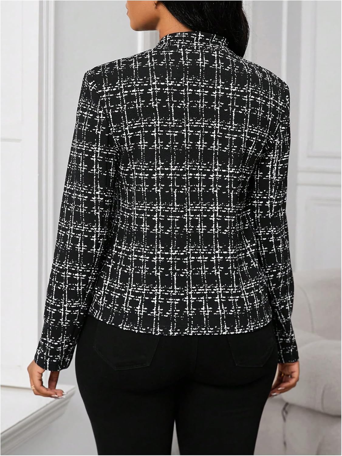 SOLY HUX Women's Plaid Tweed Blazer Elegant Open Front Long Sleeve Business Work Suit Jackets