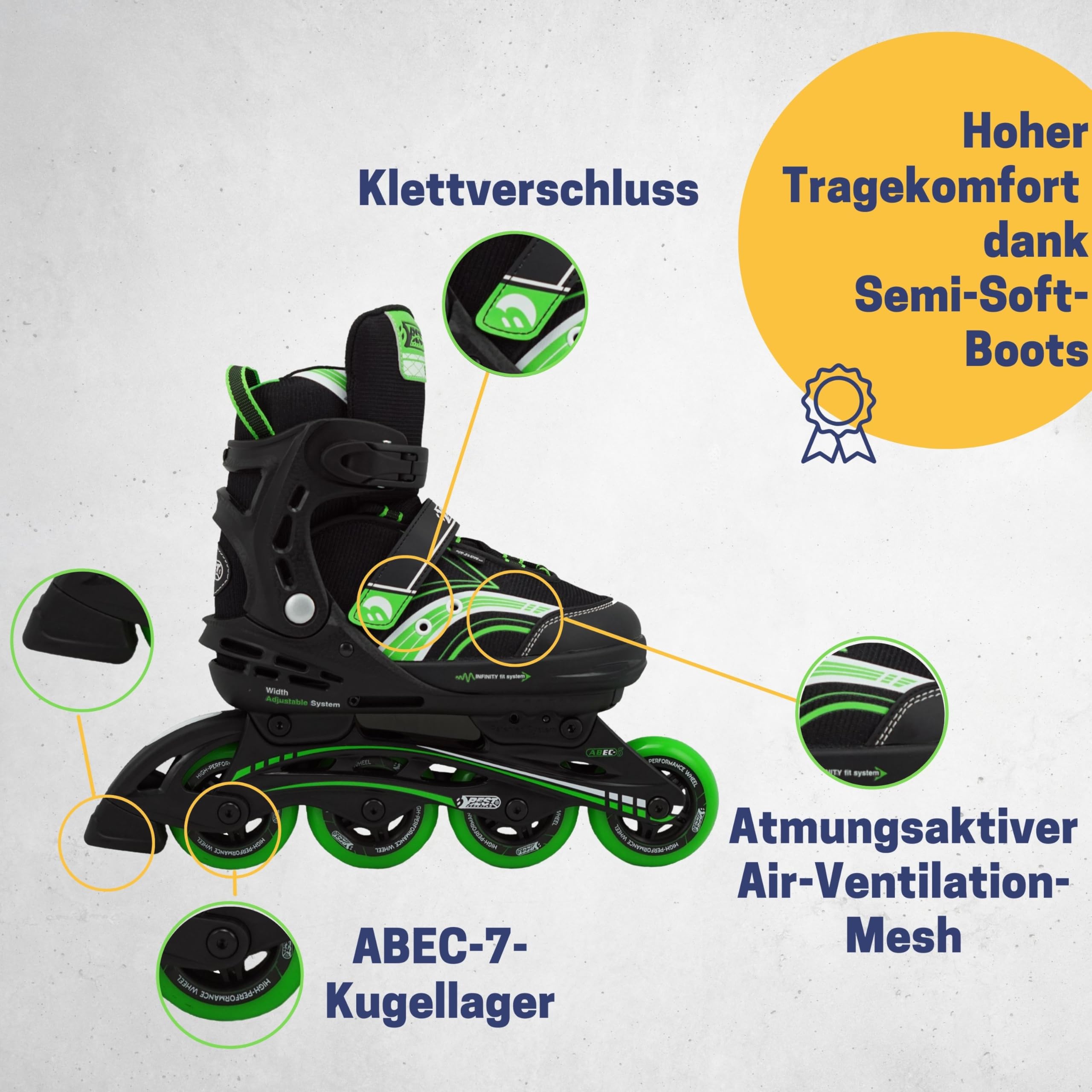 Best Sporting Inline Skates Kinder Unisex I Inliner für Kinder in Schwarz-Türkis I Klettverschluss Inliner Mädchen & Jungen mit ABEC 7 Carbon Kugellager & 3-Fach Schnalle