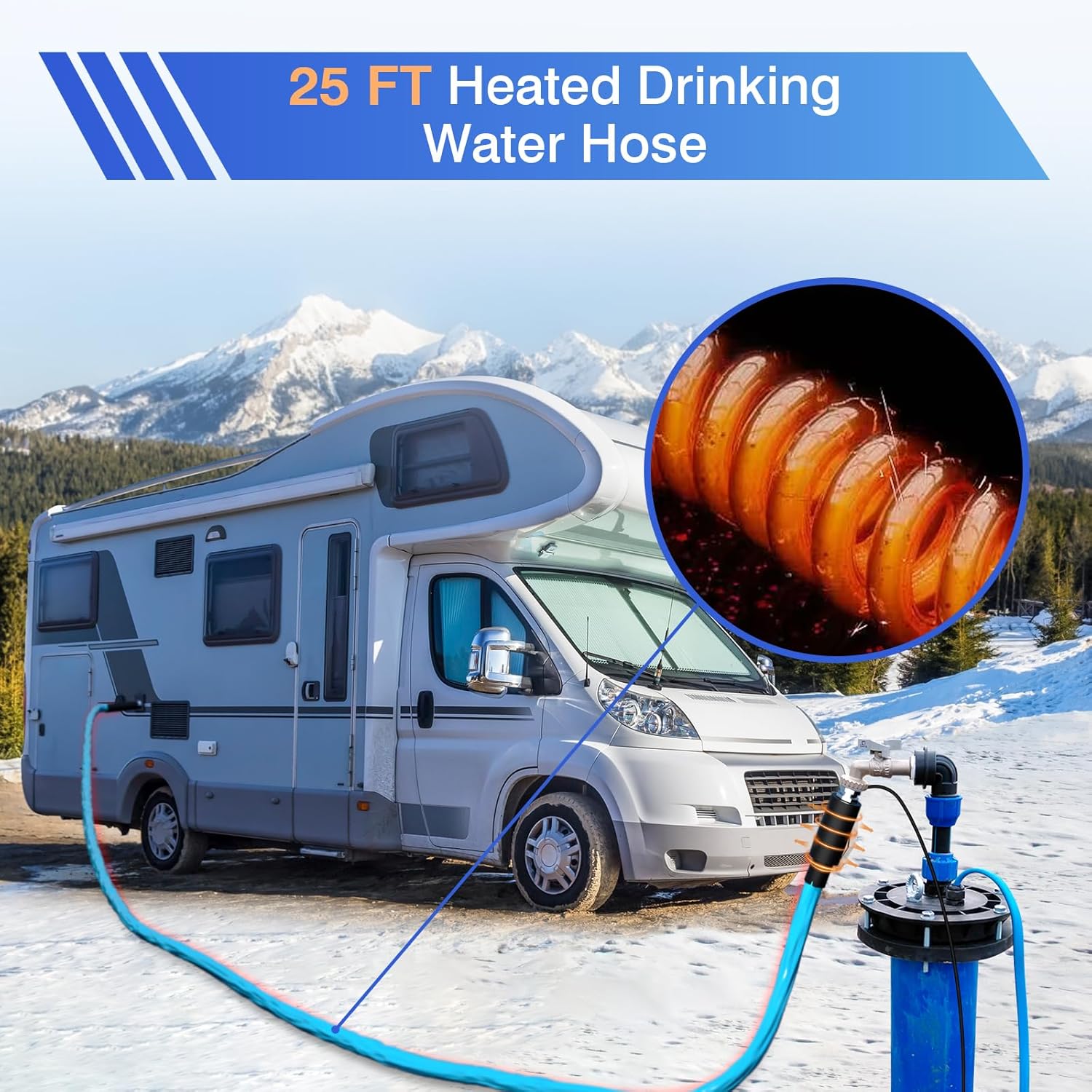 25FT Heated Drinking Water Hose for RV, Features Water Line Freeze Protection Down to -40°F/-40°C & Energy-Saving Thermostat, Electrically Heated Hose for RV, Garden, Boat