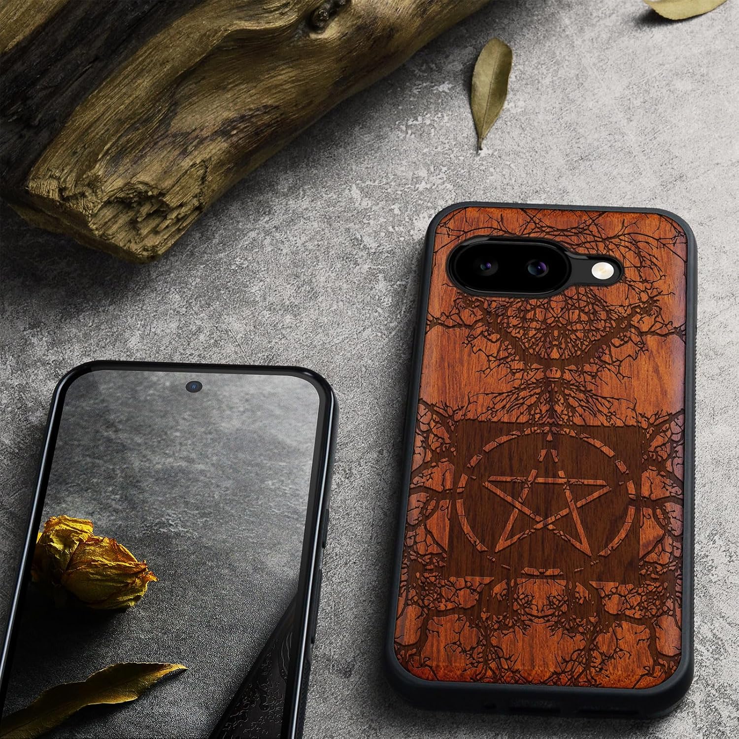 Carveit Magnetic Wooden Case for Google Pixel 9a Case, Wood Artisan Engraved & Soft TPU Shockproof Cover, Compatible with MagSafe Wireless Chargers (Ancient Roots, Esoteric Paths) Rosy