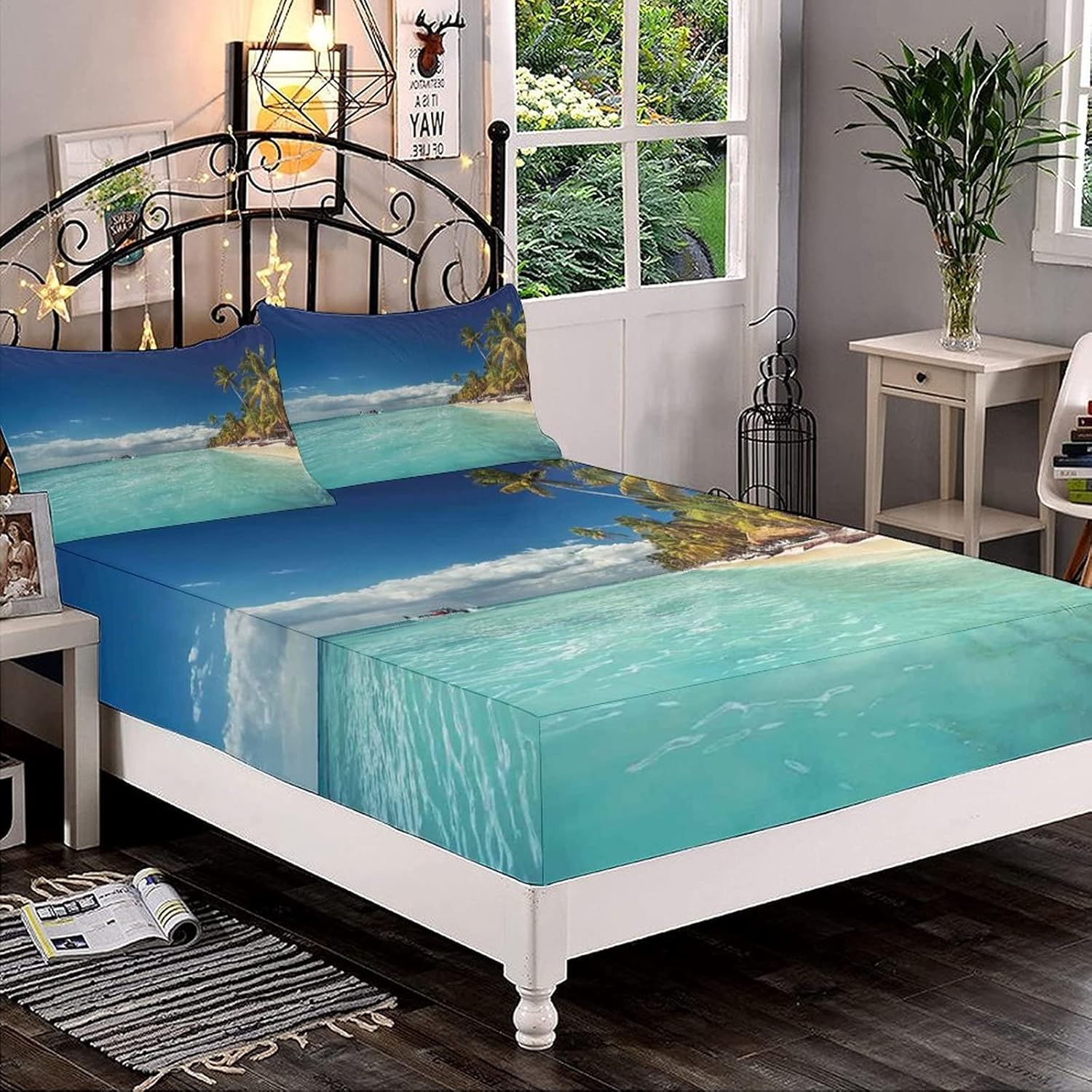 Decorative Bedding Sheet Set Queen Size, Ocean Deep Pockets Fitted Sheet & 2 Pillow Sham Set, Landscape of Paradise Tropical Island Beach Palms Print Microfiber 3pc Bed Sheets Set,for Mattress