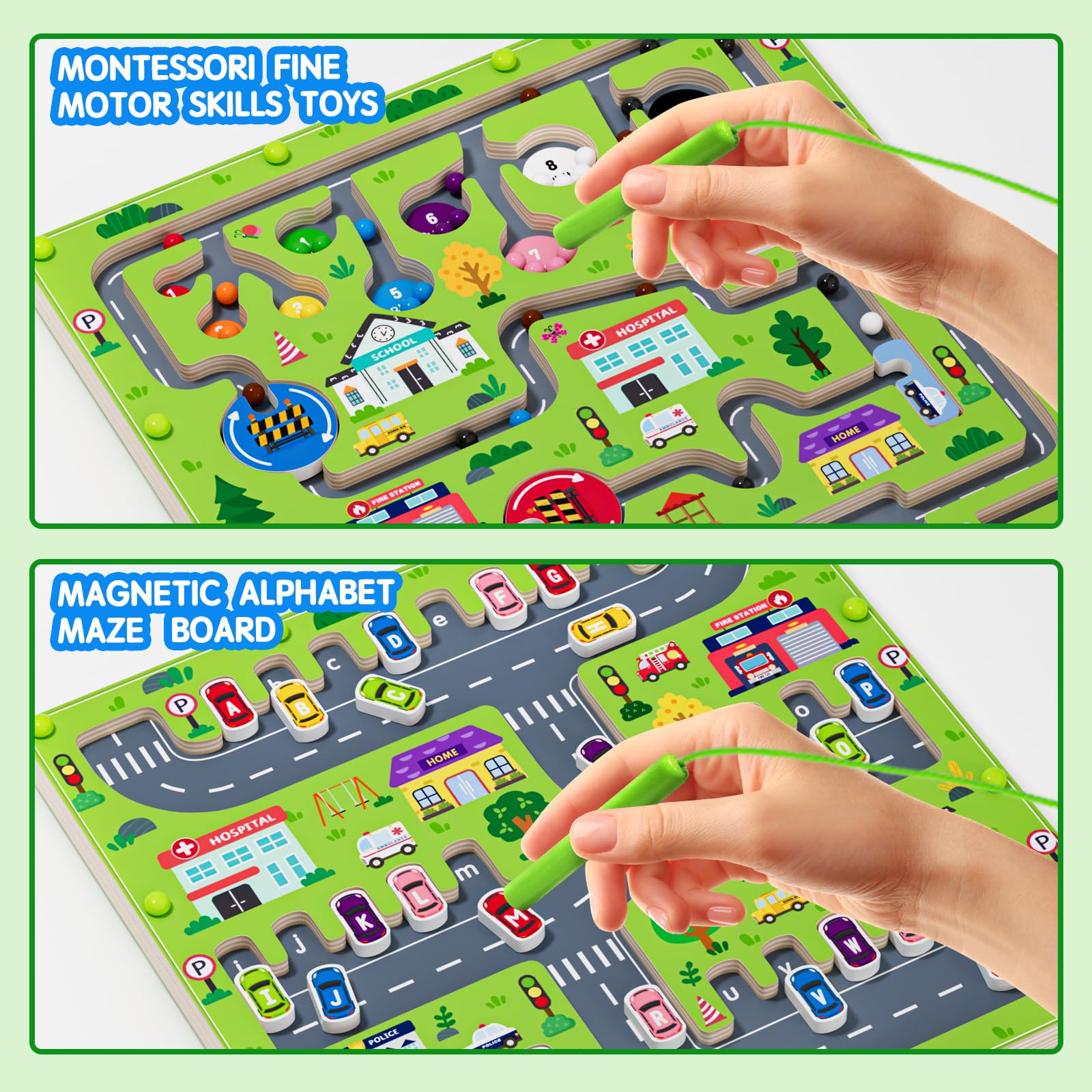 Laberinto magnético 2 en 1 para coche – Tabla de conteo magnético alfabeto – Puzzle de madera de doble cara – Juguete preescolar Montessori (gran coche, talla única)