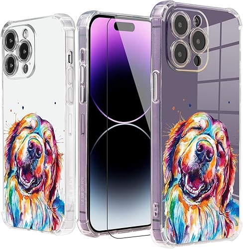 Roemary Buffertech - Funda protectora para iPhone 15 Pro Max con diseño Golden Retriever, diseño de arcoíris con protector de pantalla impacto de