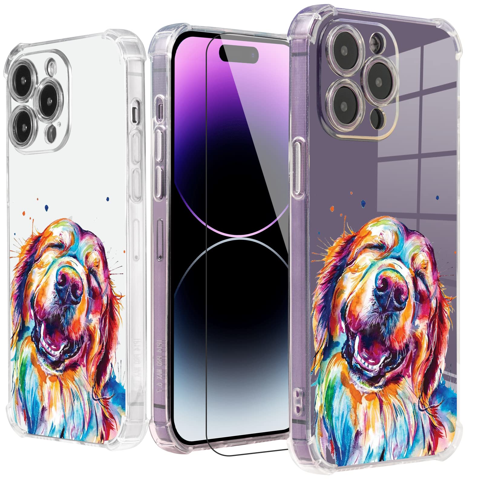 Roemary Puppy Case for iPhone 13 Pro Max with Golden Retriever Design,Rainbow Pattern with Screen Protector [Buffertech 6.6 ft Drop Impact] Soft TPU