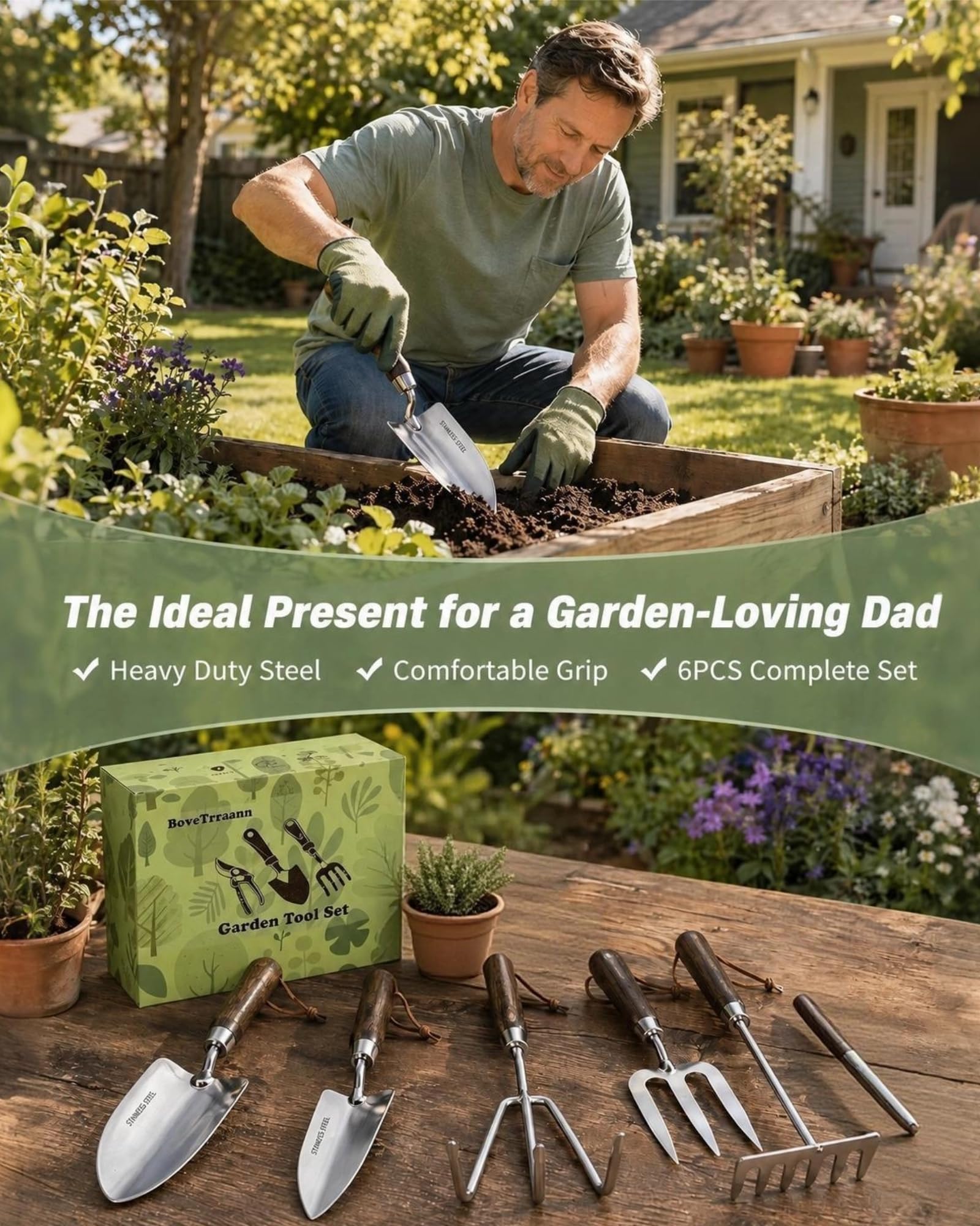 Juego de herramientas de jardín, 6 herramientas manuales de jardinería de acero inoxidable resistentes con cuerdas, incluyendo paleta, trasplantador, azada 2 en 1, tenedor de mano, rastrillo de mano y