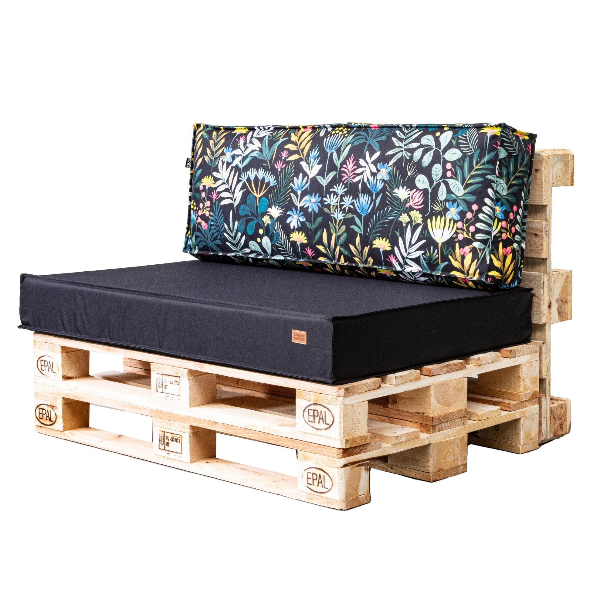 GoldenGroup Garden Set Cushion for Pallet Furniture, Black and Meadow, Durable Fabric, Pallet Cushion Set, Filled Foam Granules & Foam, 120 x 65 x 15 Seat Cushion, (2X) 60 x 40 x 10 Back Cushion