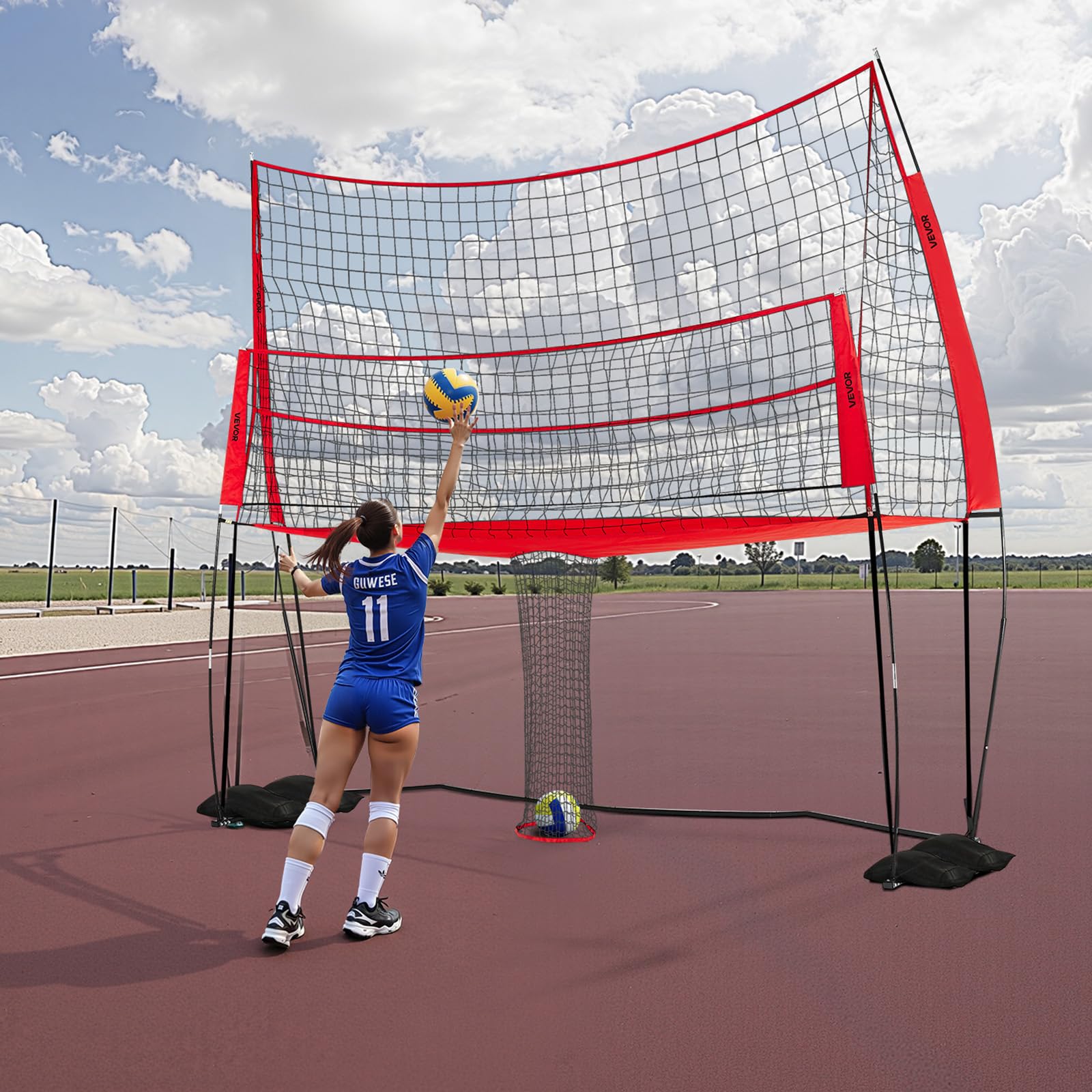 VEVOR Sistema Rete per Allenamento Pallavolo, Attrezzatura Regolabile in Altezza con Ritorno Palla, Stazione di Rete Portatile, Facile da Installare per Giardino, Servizio per Migliorare Precisione