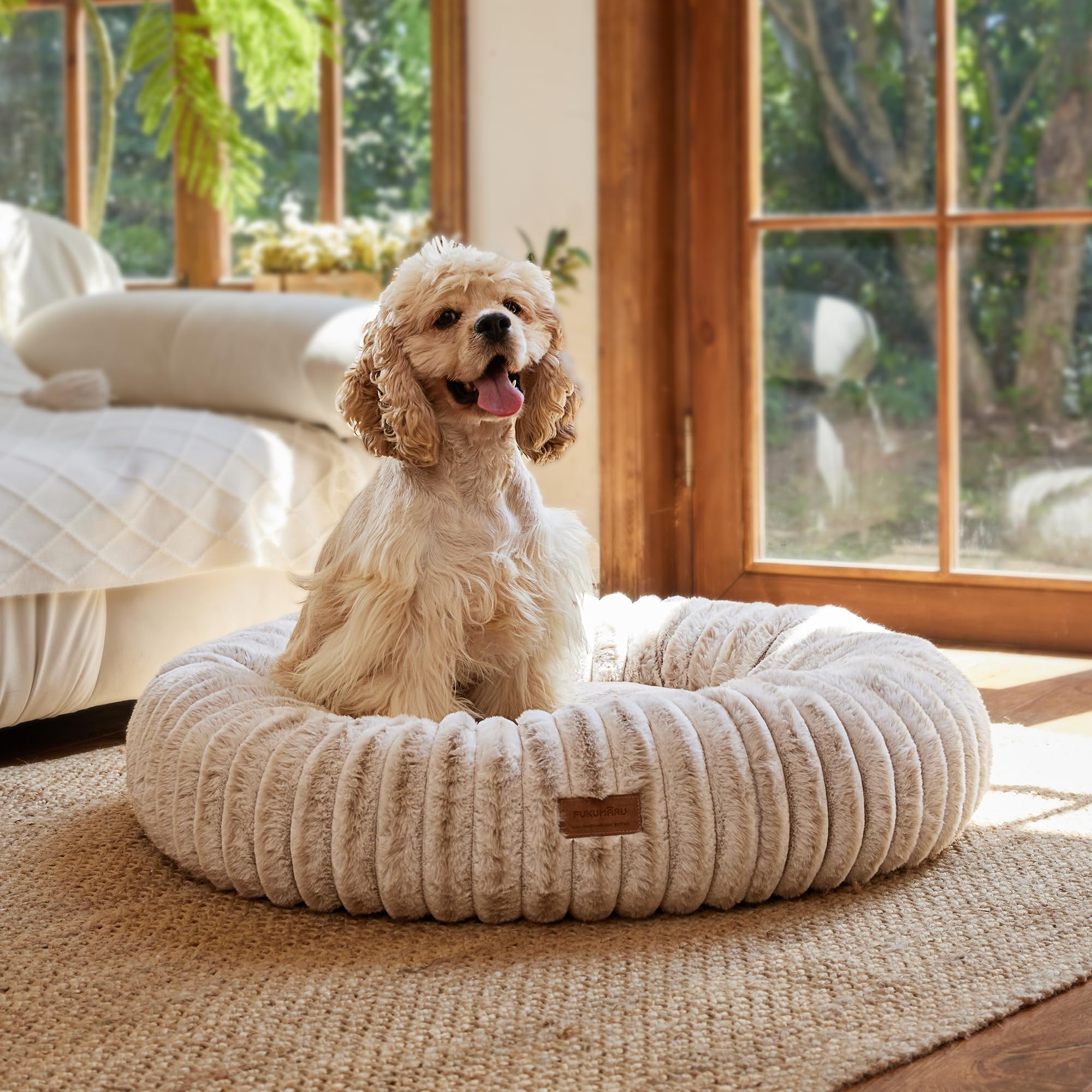 FUKUMARU Hundebett，Katzenbett für den Innenbereich, orthopädisches Hundebett, waschbare Abdeckung, modernes Design mit Farbverlauf. 64 x 64 x 18 cm, Kamel