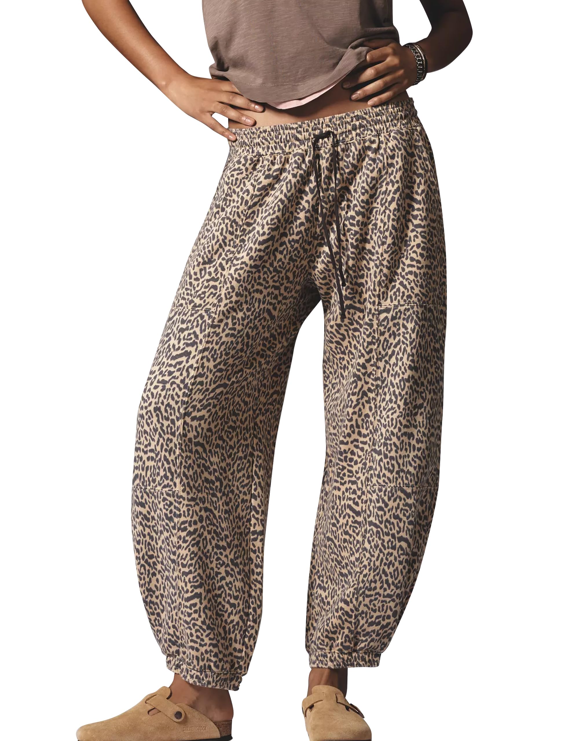 Leopard Pants Women Baggy Sweatpants Casual Cheetah Print Lounge Barrel Pants Trousers with Pockets Khaki M