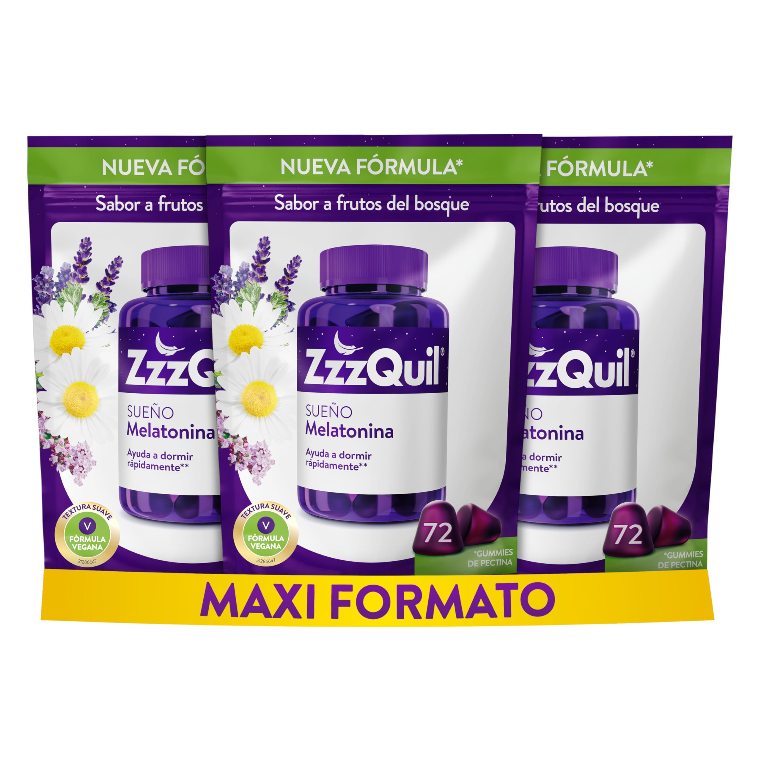 ZzzQuil Sueño, Gummies de Melatonina para Dormir, con Valeriana, Camomila, Vitamina B6 y Lavanda, Ayuda a Dormir Rápidamente*, Sabor Frutos del Bosque, Nueva Fórmula Vegana, 216 Gummies (3x72)