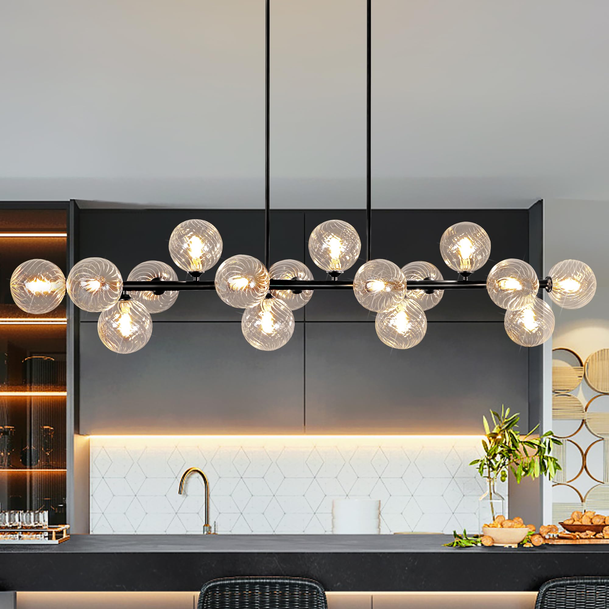 Photo 1 of 16-Light Linear Chandelier,55" Sputnik Chandeliers Clear Swirled Globe Black Modern Chandeliers for Dining Room Light Long Large Chandelier Sputnik Ceiling Light Fixture Pendant Lights Kitchen Island