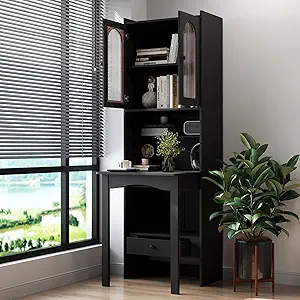 Keiki Fold-Out Home Office Desk with Glass Doors, Drawers, Bookshelf & Storage Shelves