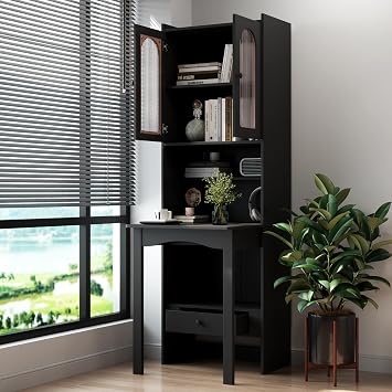 Fold-Out Convertible Writing Table, Foldable Desk Cabinet with Shelf & Drawer, Multi-Function Fold Out Desk & Bookshelf for Home Office, Study RoomBlack