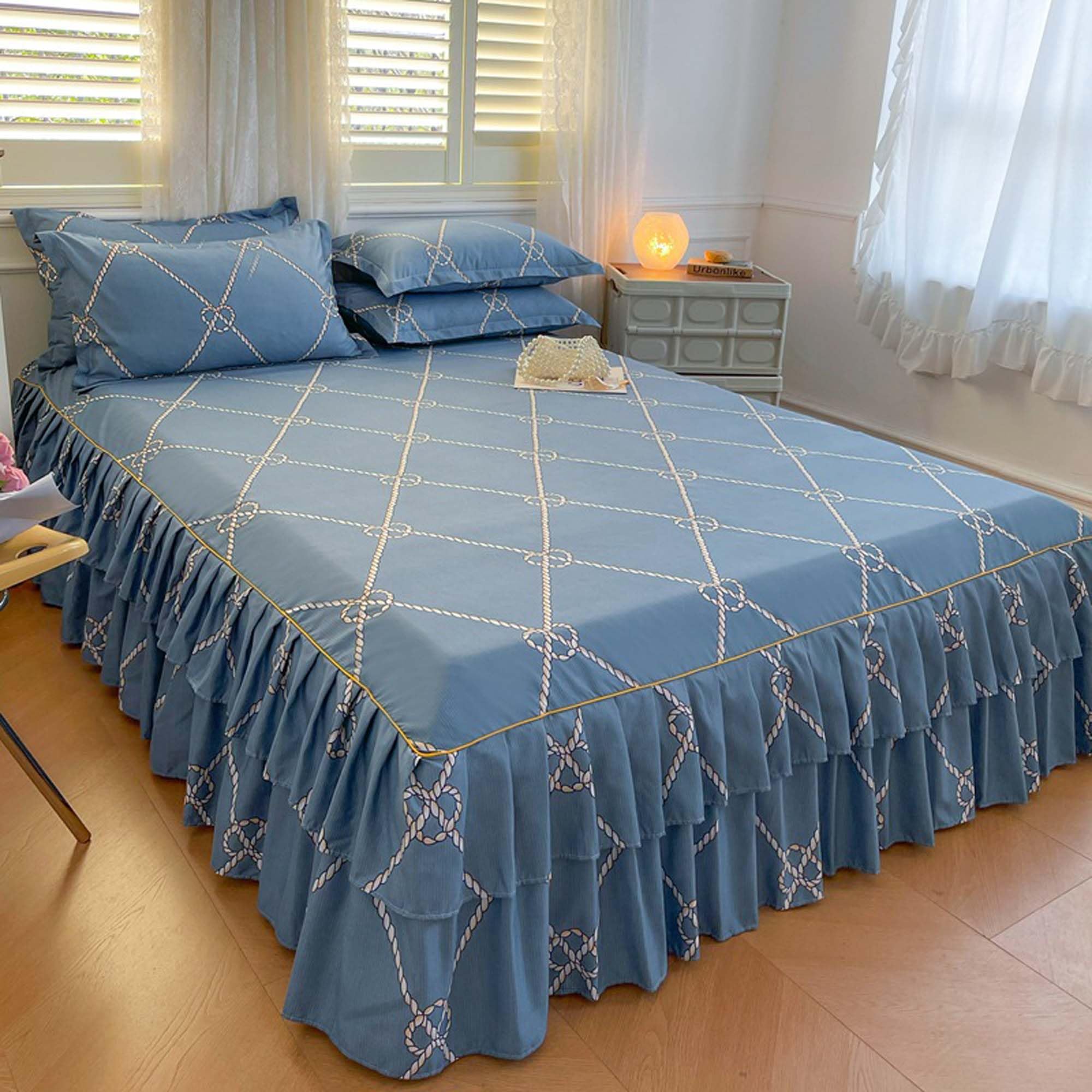 Falda de Cama con Volantes, Colcha Envolvente, Sabana Bajera con Volantes Acolchado, Transpirable Protector de Colchó para el hogar, con Fundas de Almohada
