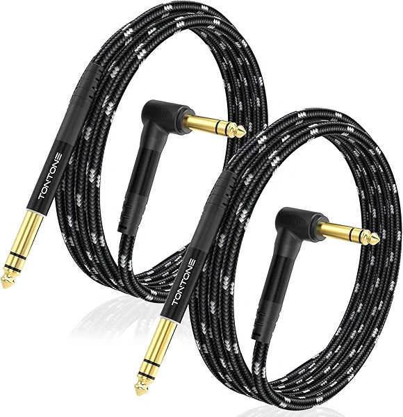 1/4 Inch TRS Cable Right Angle to Straight 2-Pack 10FT, 6.35mm Balanced 1/4 Audio Cable for Electric Guitar Bass Keyboard Mixer Amplifier Speaker