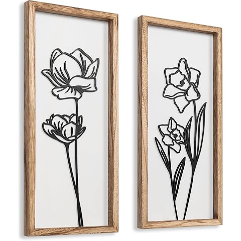 3D Black and White Wall Art (Set of 2) Lightweight, Wooden Ready-to-Hang Framed Floral Wall Art for Bathroom, Bedroom, Living Room or Office – Boho Botanical Farmhouse Decor – Gift-Boxed